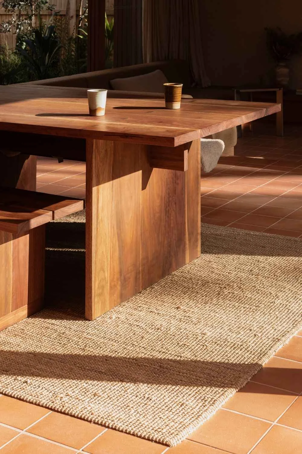 Californian Bungalow Japanese Aesthetic Wooden Dining Table Textured Rug