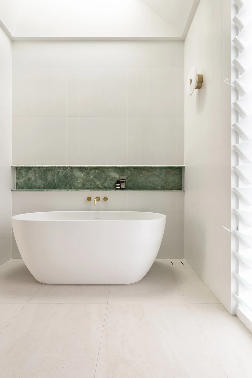 Happy-Haus-Modern-Interior-Design-Brushed-Brass-Tapware-Bathroom-Skylight-Freestanding-Bath-Brazillian-Emerald-Quartzite-Wall-Niche