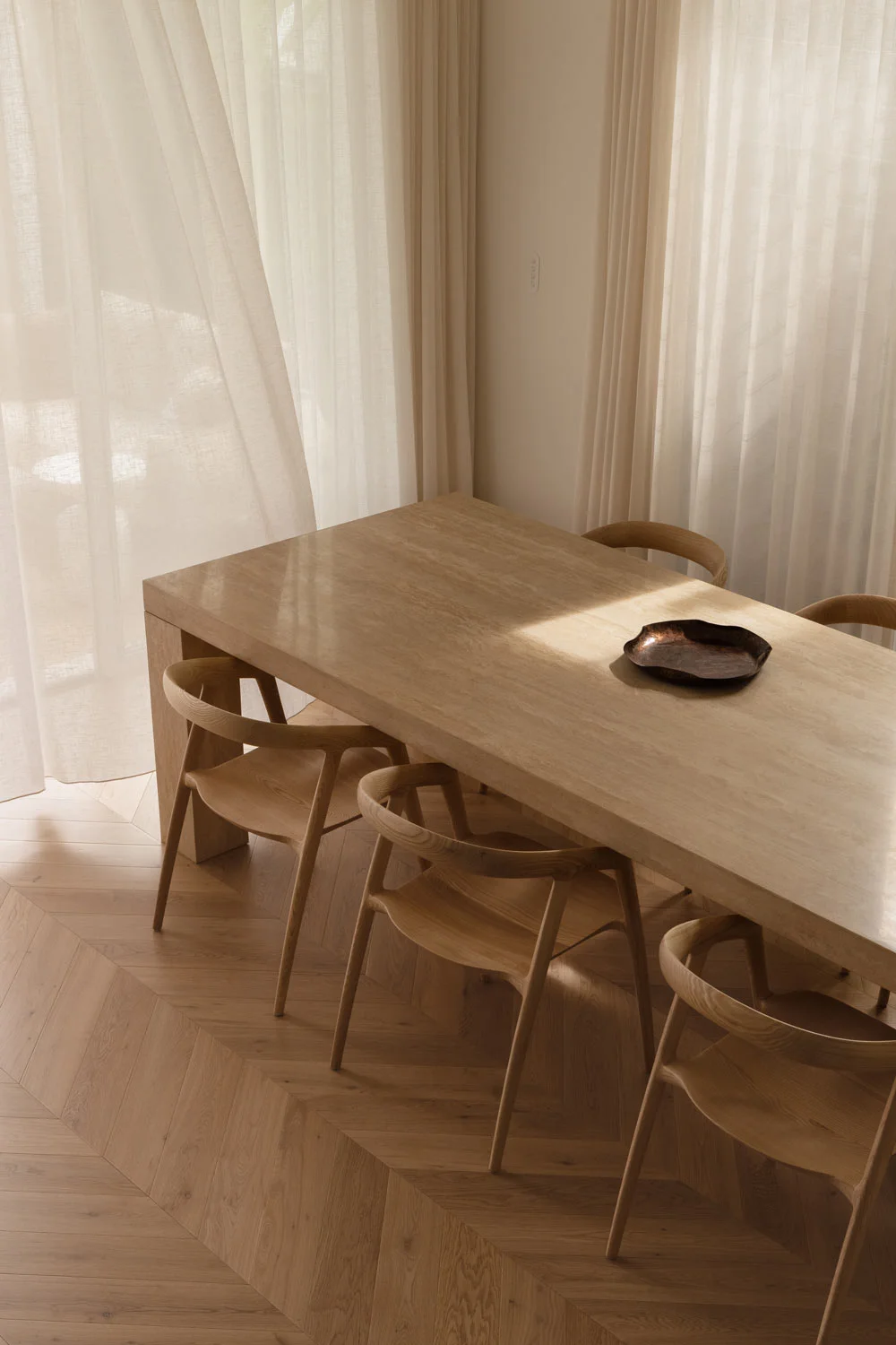 Happy-Haus-Modern-Interior-Design-Floor-Ceiling-Sheer-Curtains-Herringbone-Timber-Floorboards-Oak-Dining-Table-Chairs