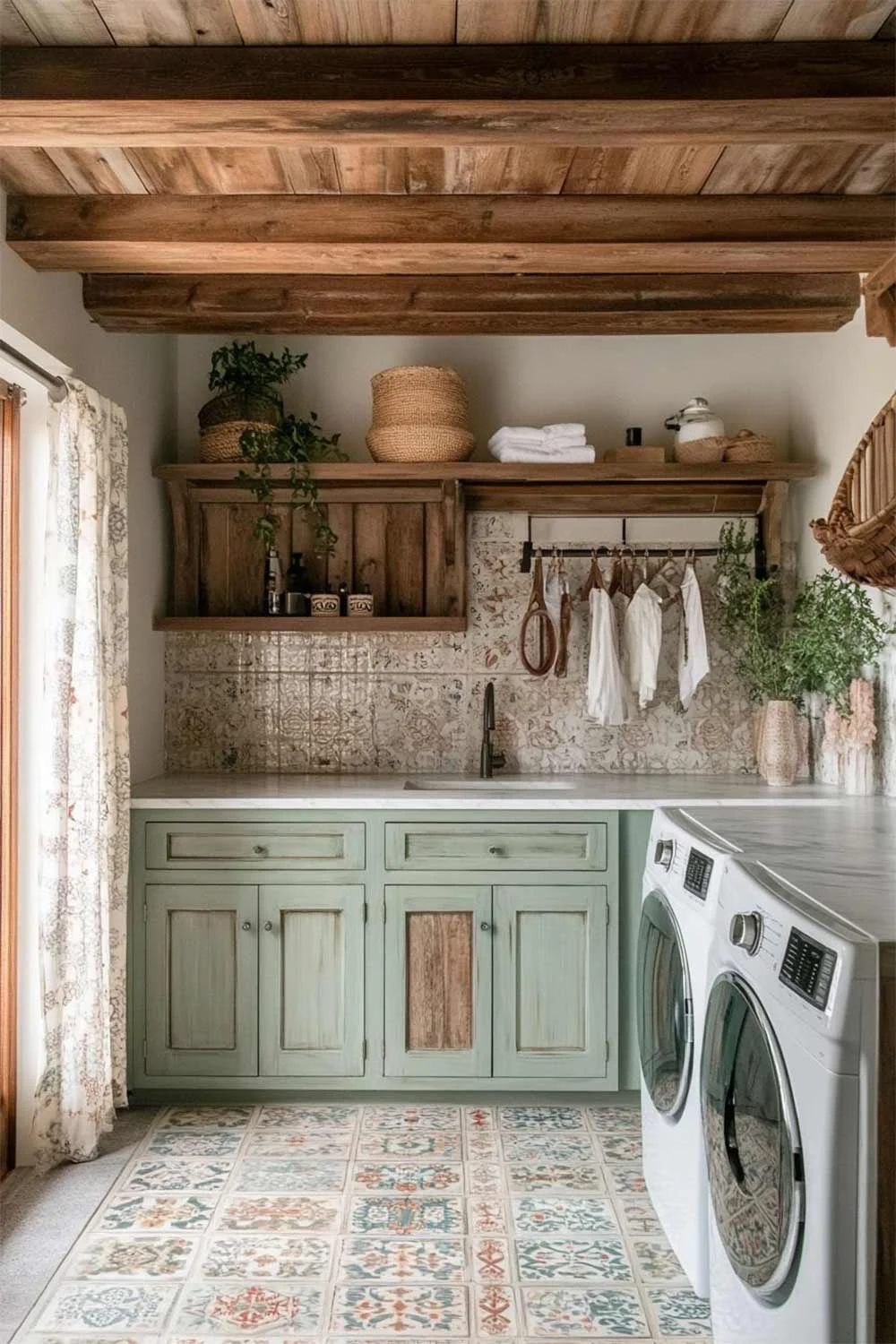 Cottagecore-Laundry-Utility-Room-Timber-Roof-Sage-Green-Cabinetry-Open-Shelving