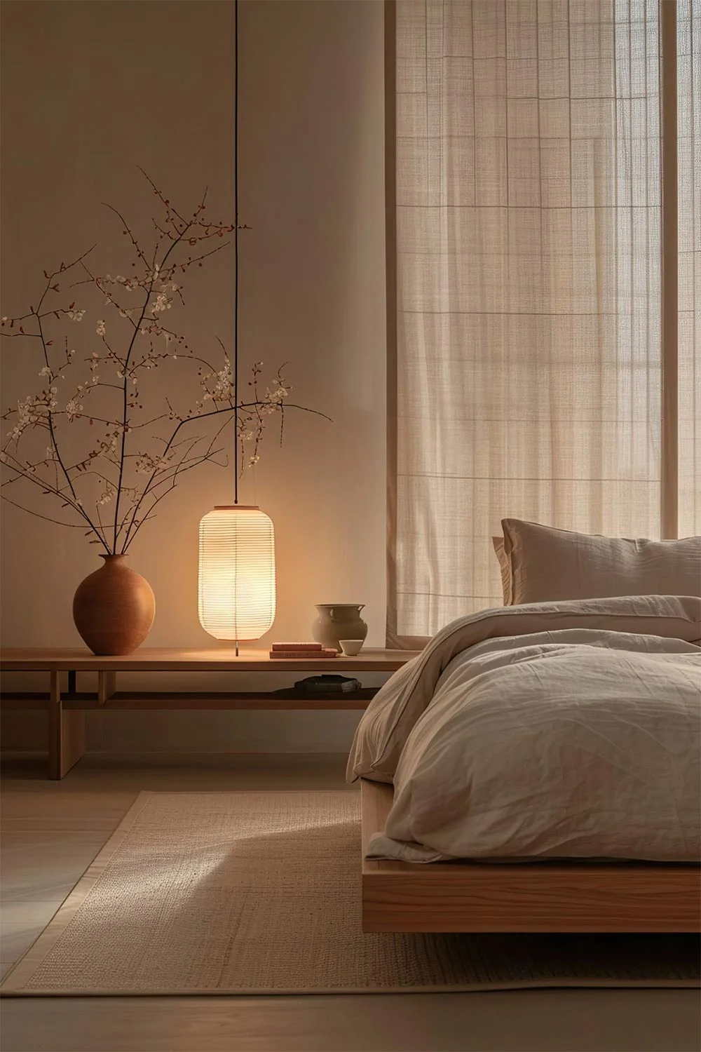 Japandi-Style-Bedroom-Floating-Timber-Oak-Bed-Frame-Oatmeal-Linen-Duvet-Linen-Curtains-Lantern-Light