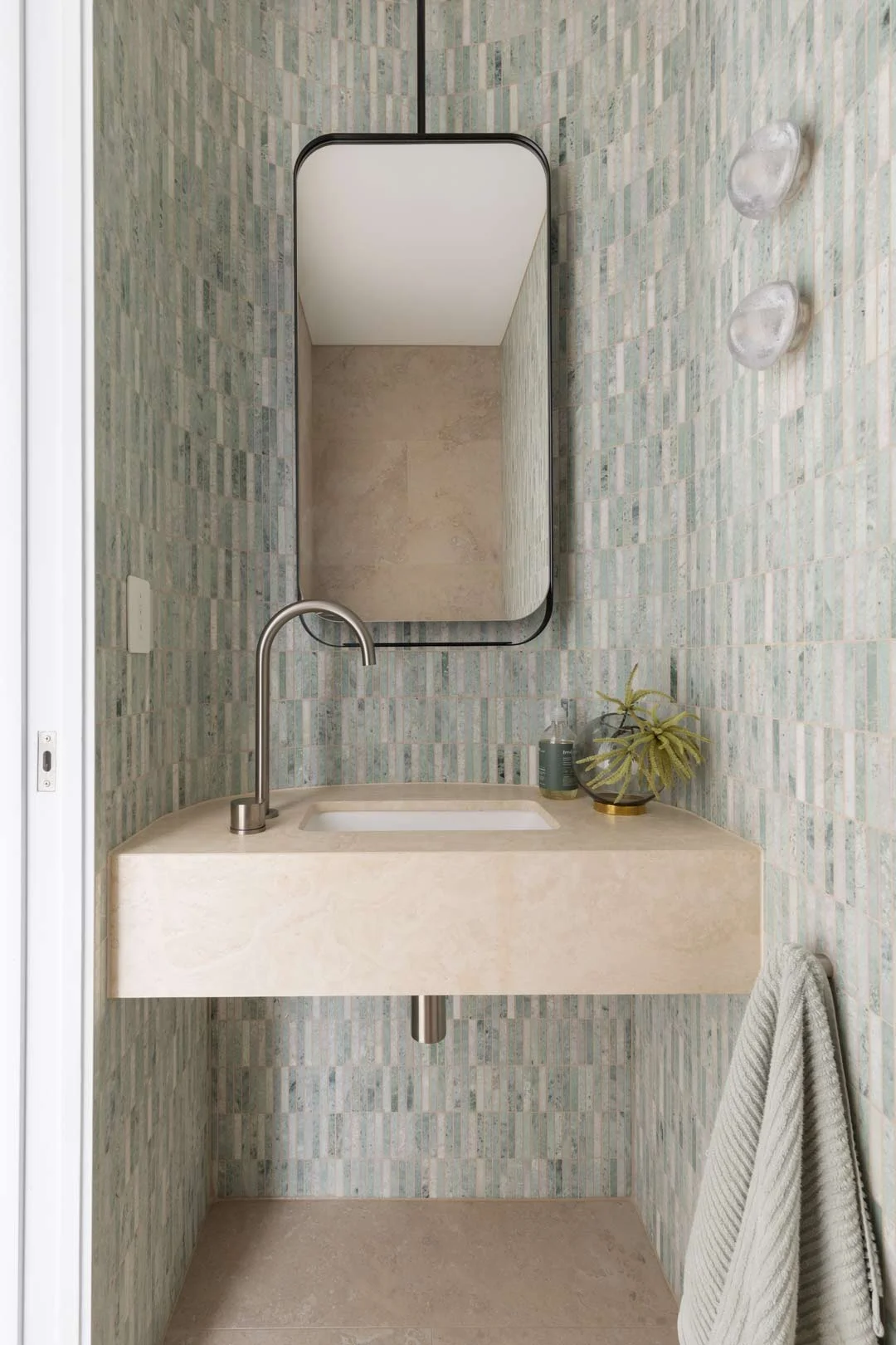 brushed-nickel-tapware-powder-room-green-kitkat-marble-tiles