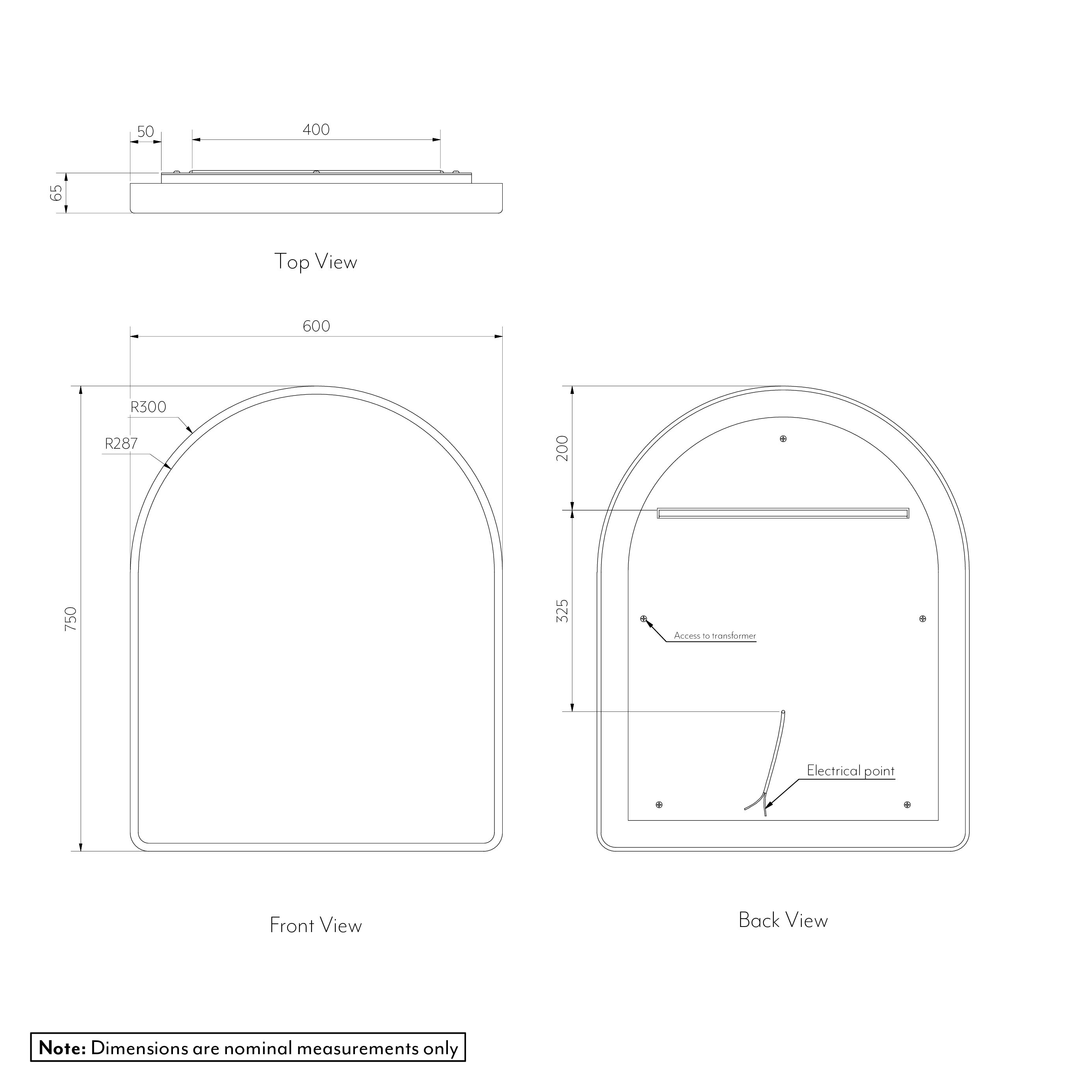 Arch Mirror LED 600 x 750mm Gallery Spec