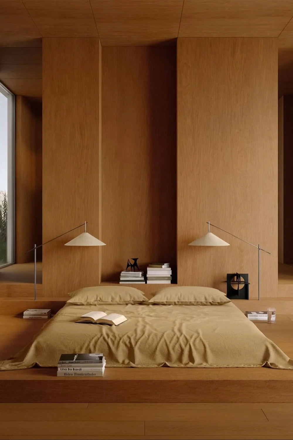 Japandi-Style-Bedroom-Timber-Walls-Flooring-Floating-Light-Pendant-Bed-on-Floor-Beige-Duvet-Cover