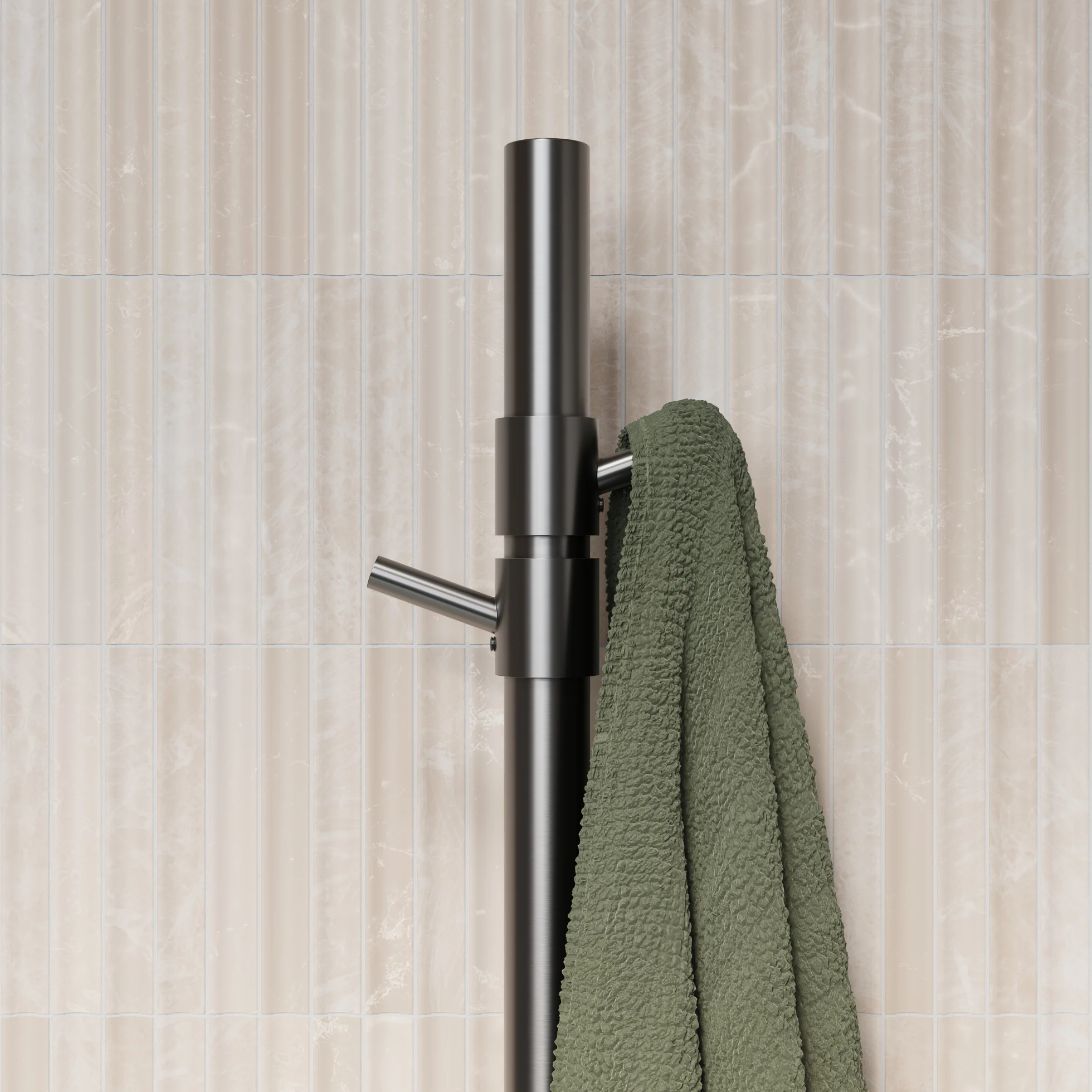 ModiAdjHeatedTowelRail Final View03 HooksClosup GM 01