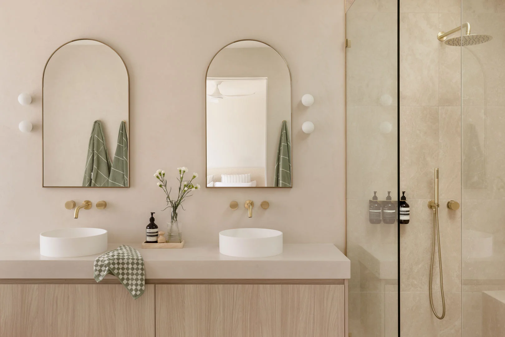 Brass-Tapware-Double-Basin-Vanity-Mediterranean-Beige-Bathroom