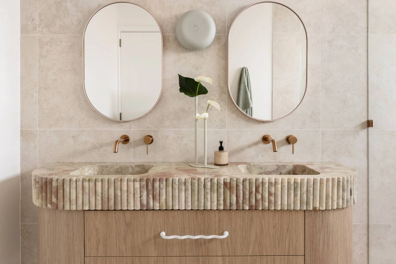 Modern Bathroom Vanities Timber with Marble Fluted Benchtop