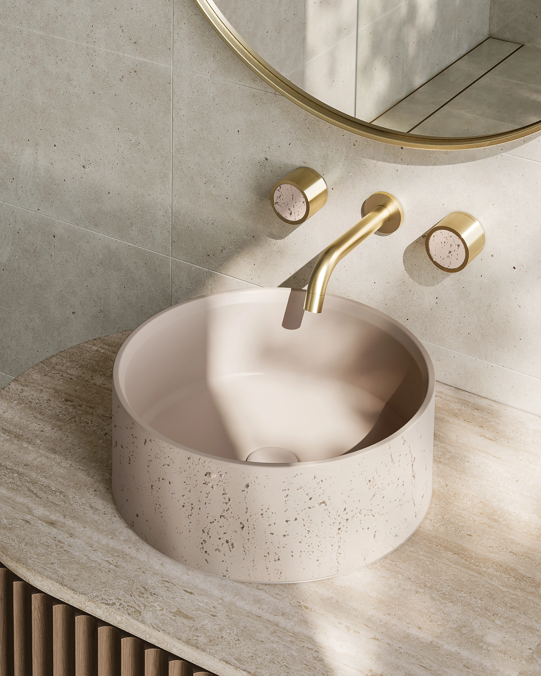 Atelis Concrete Basins   Pixi Tile Insert Taps Almond
