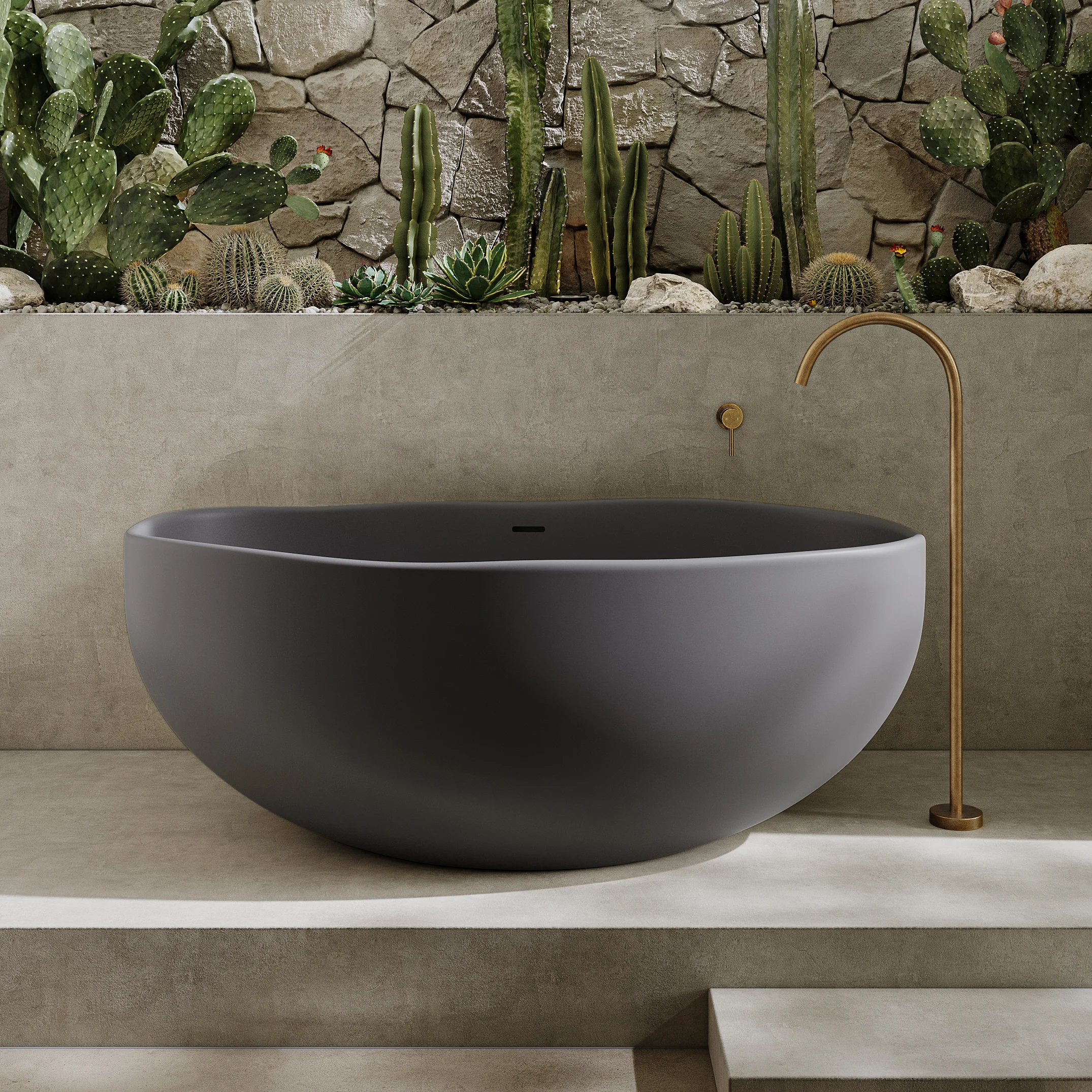 Melia Concrete Bath Sola Bath Filler Insetting FullShot Indoor GreyBath AntiqueAurum