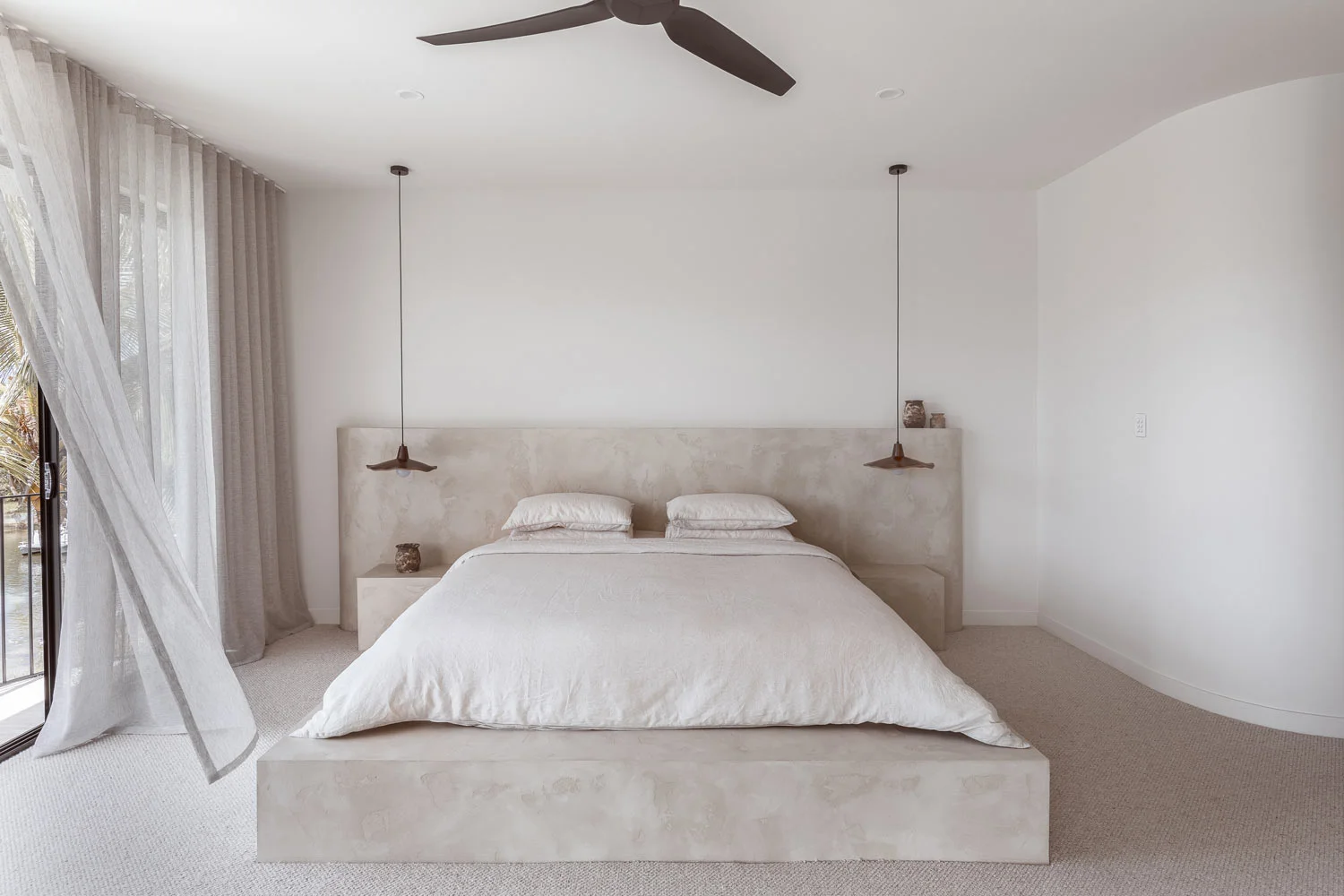 Master-Bedroom-Ideas-Moody-Lighting-Roof-Pendants-Limewash-Render-White-Bedding