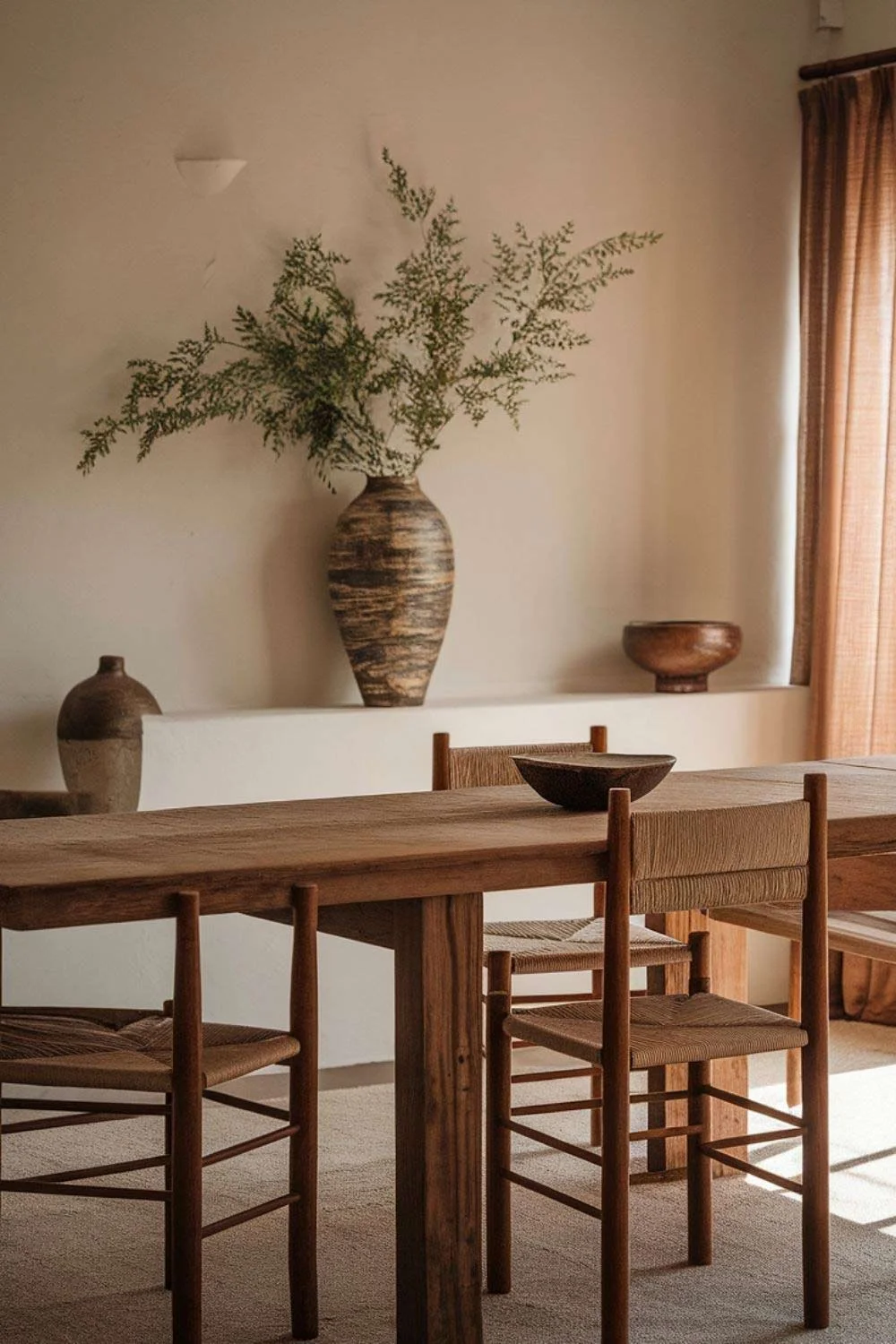 Japandi-Style-Dining-Room-Timber-Chairs-Dining-Table-Limewash-Walls-Brown-Sheer-Curtains