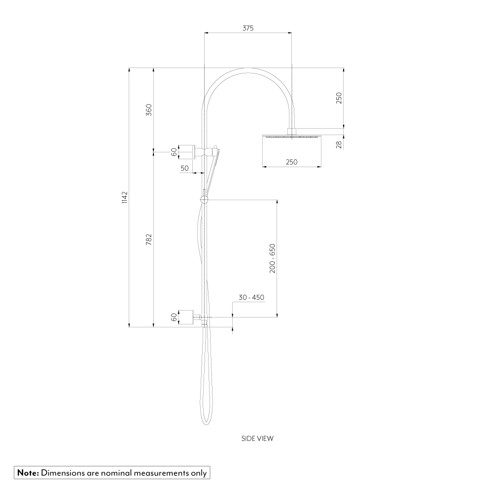 Elysian Gooseneck - Shower Rail Set - Brushed Brass - Specifications 1