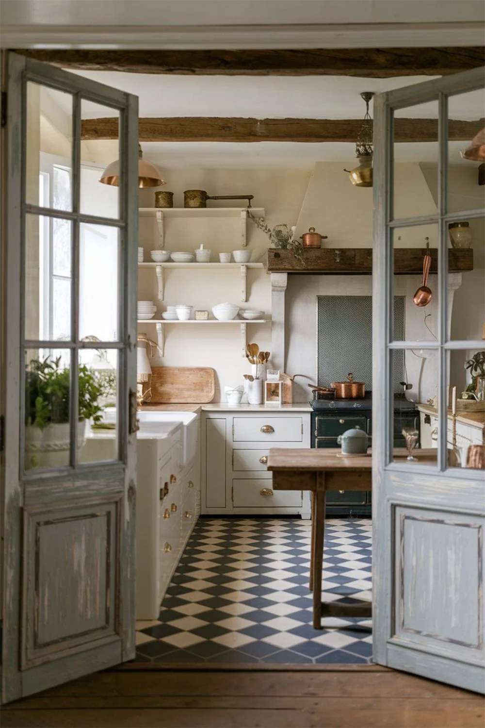 Cottagecore-Kitchen-French-Doors-Checkered-Tile-Flooring-Farmhouse-Sink-Open-Shelving