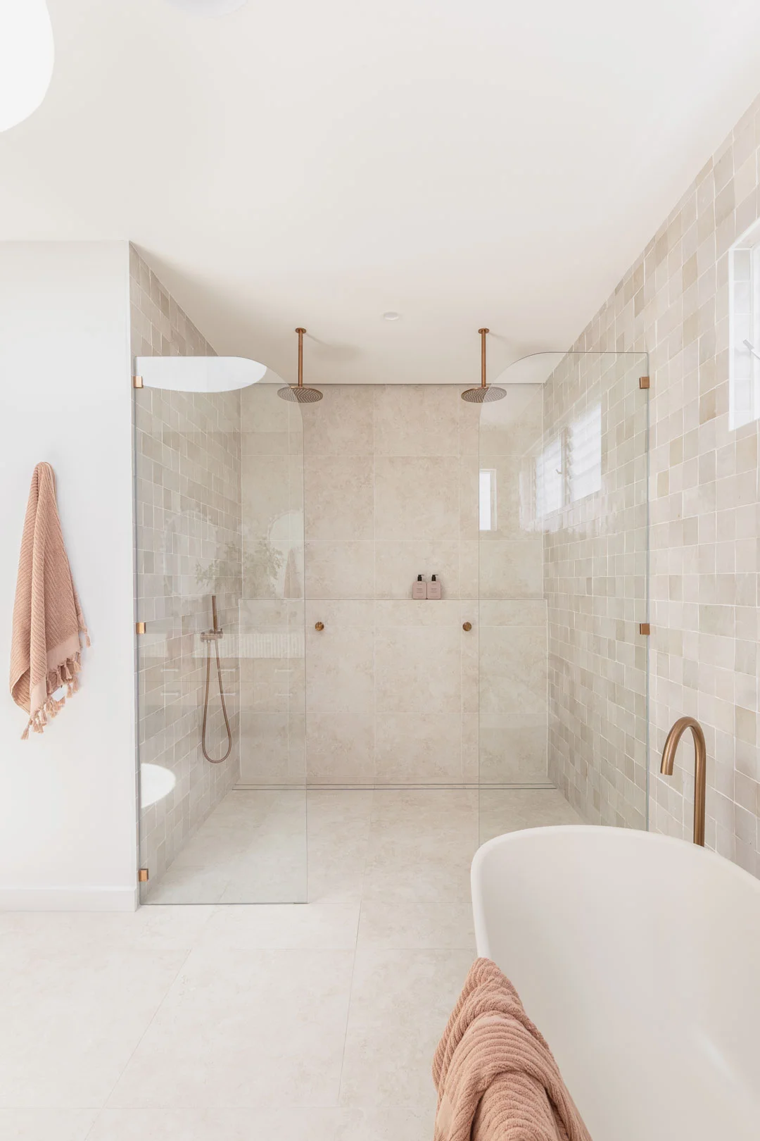 brushed copper tapware beige neutral double shower