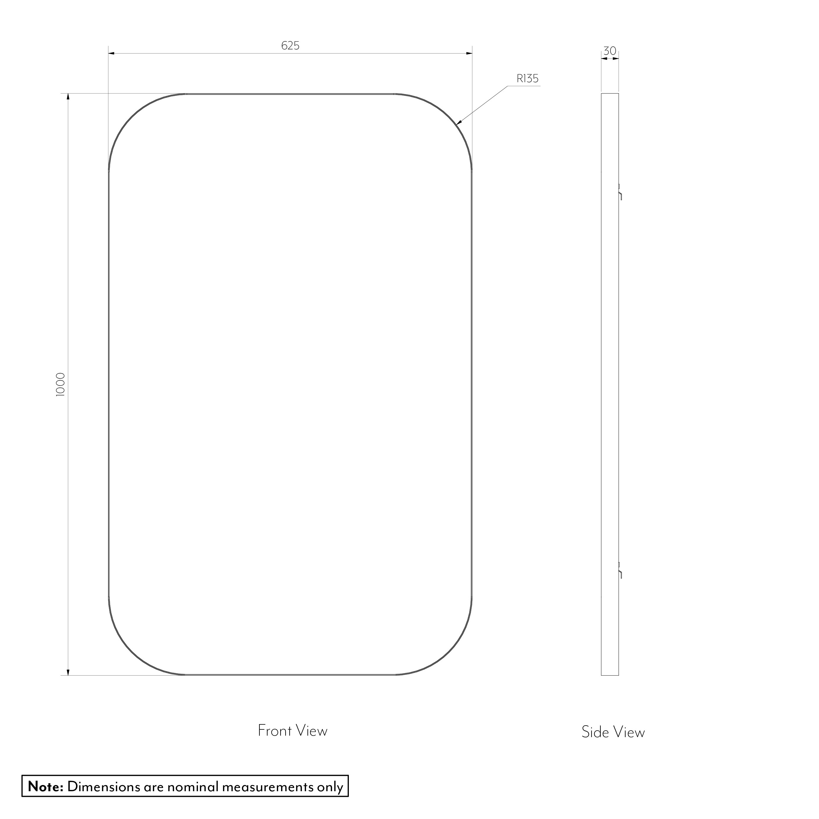 ALIRO Mirror 100 x 625mm SPEC