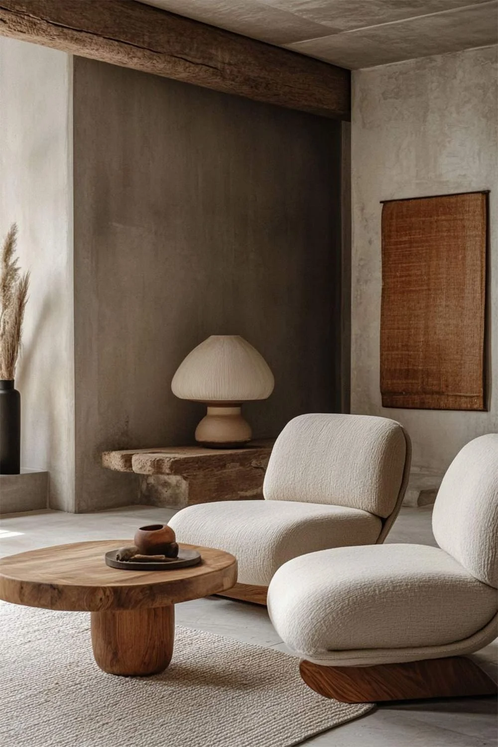 Japandi-Style-Living-Room-Render-Cement-Walls-Flooring-Boucle-Feature-Chairs-Jute-Rug