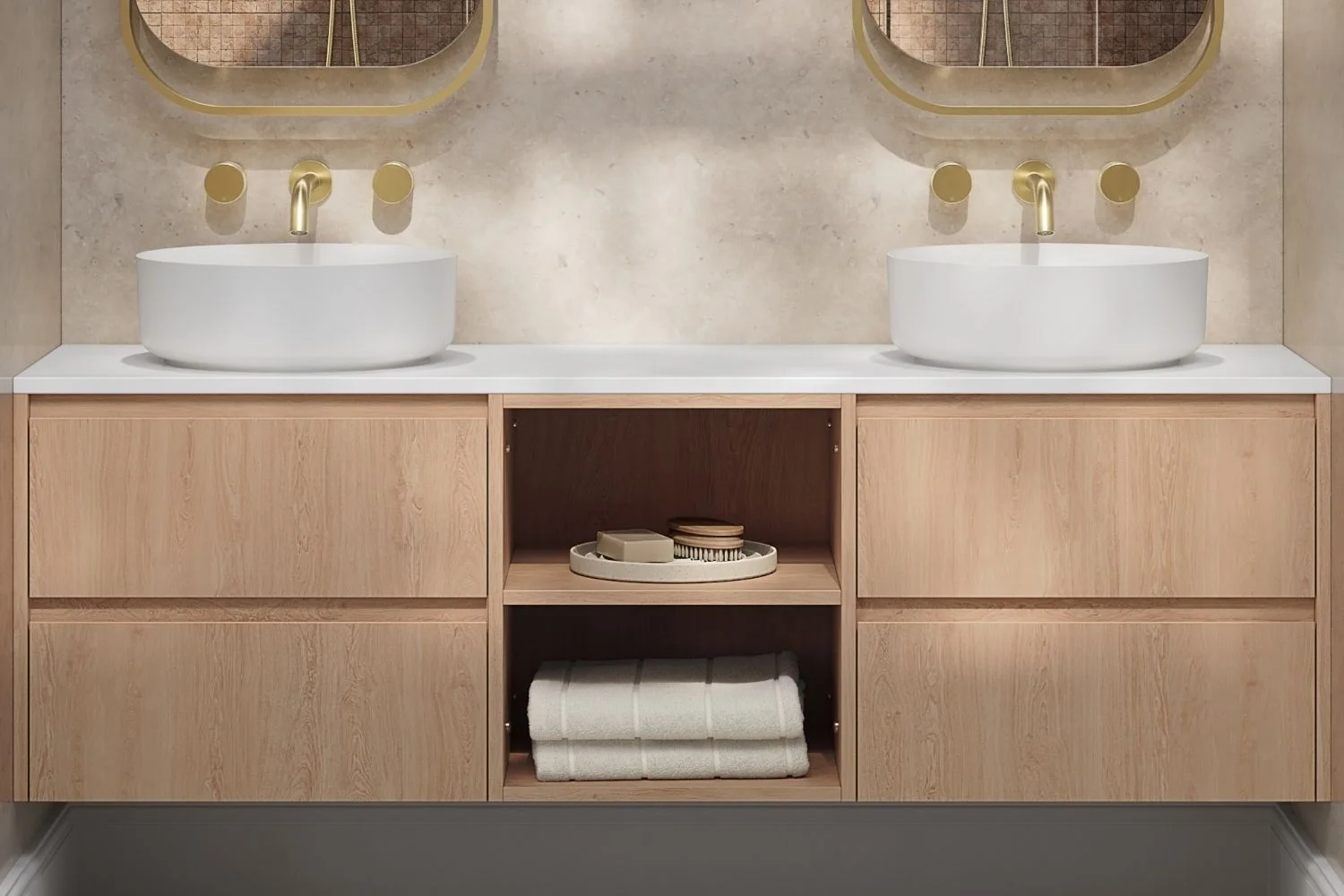 Modern Bathroom Vanities Light Ash Oak Double Vanity Four Drawers Shelves
