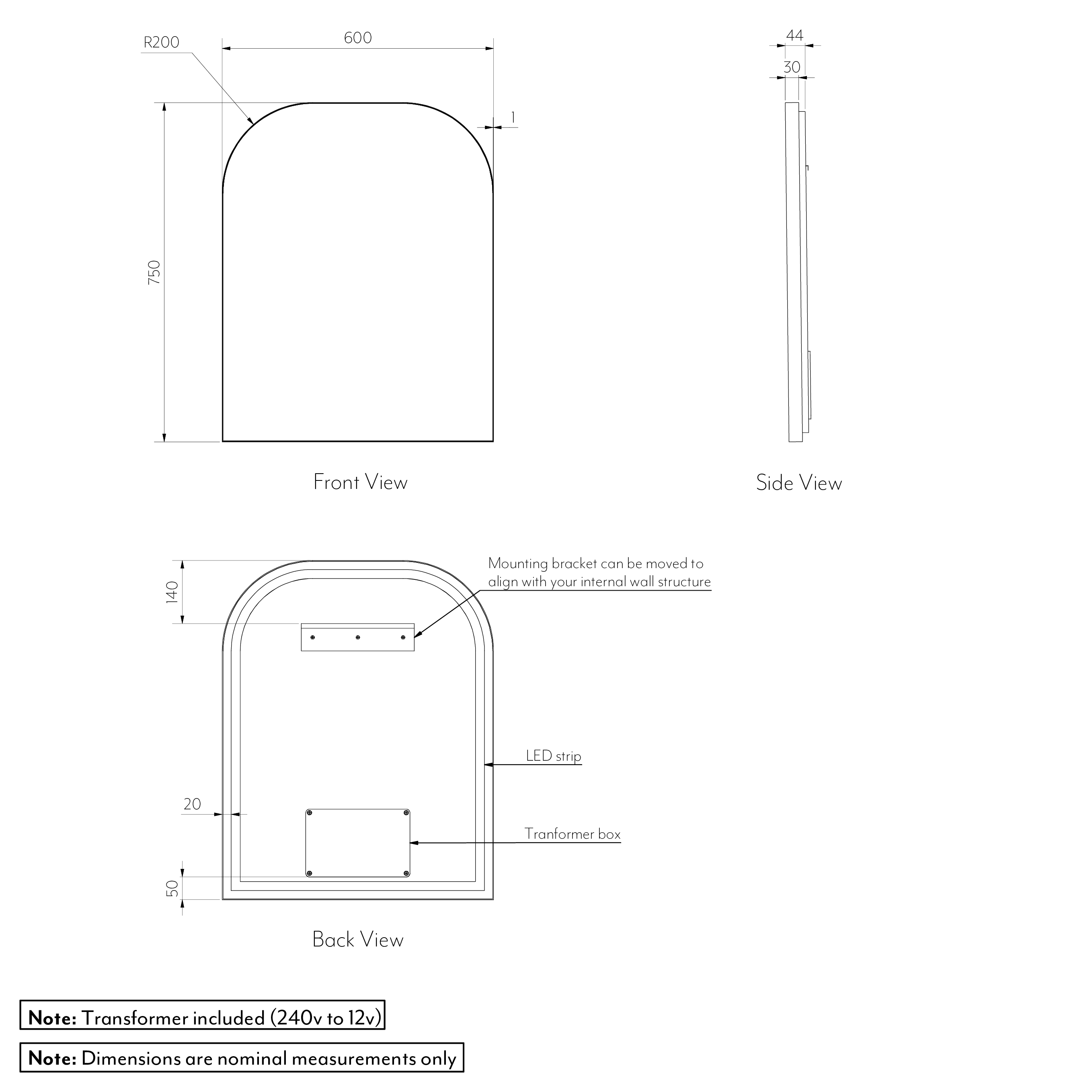 Arch%20Wall%20Mirror%20LED%20600%20x%20750mm Gallery%20Spec