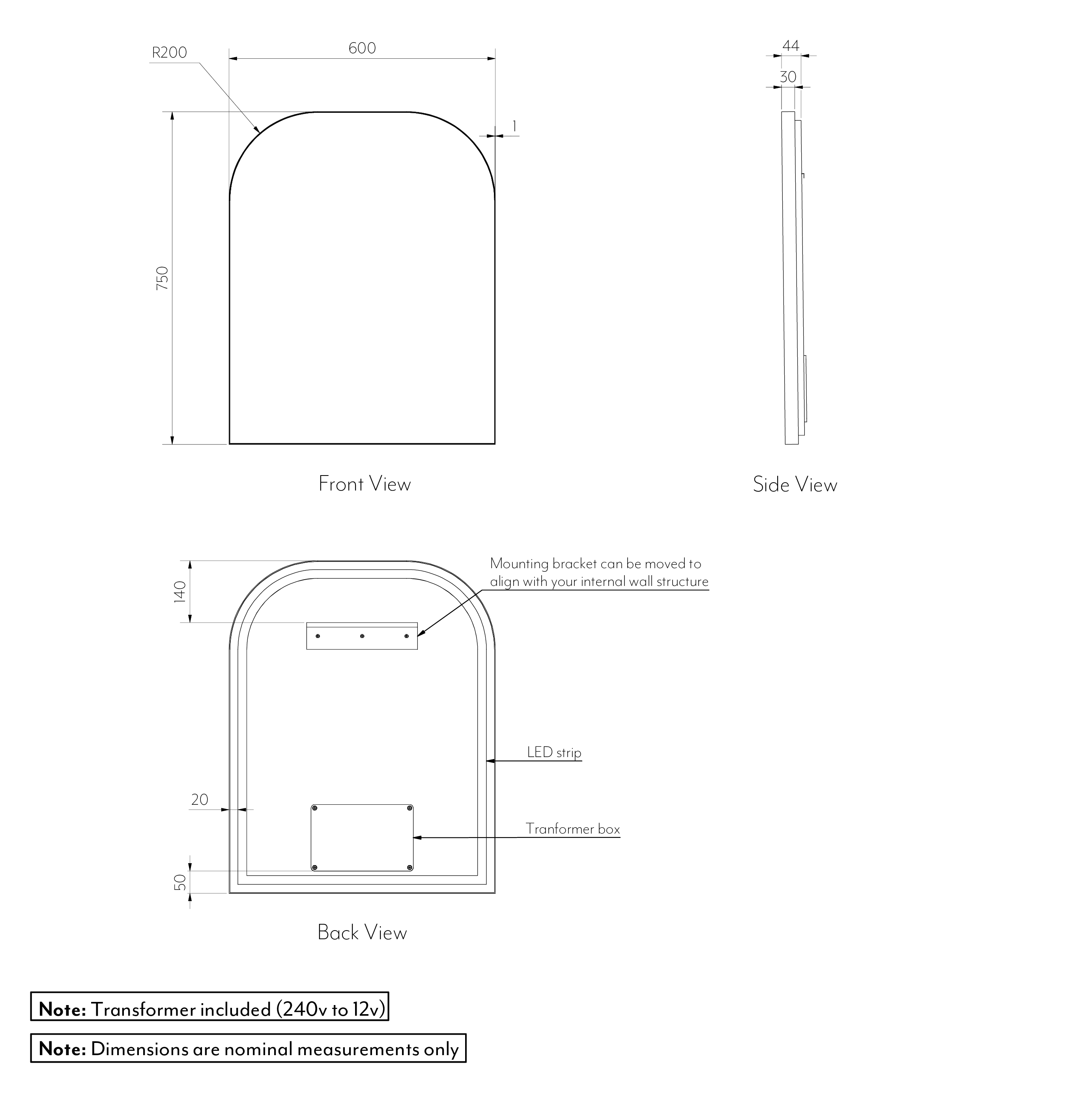 Arch Wall Mirror LED 600 x 750mm Gallery Spec