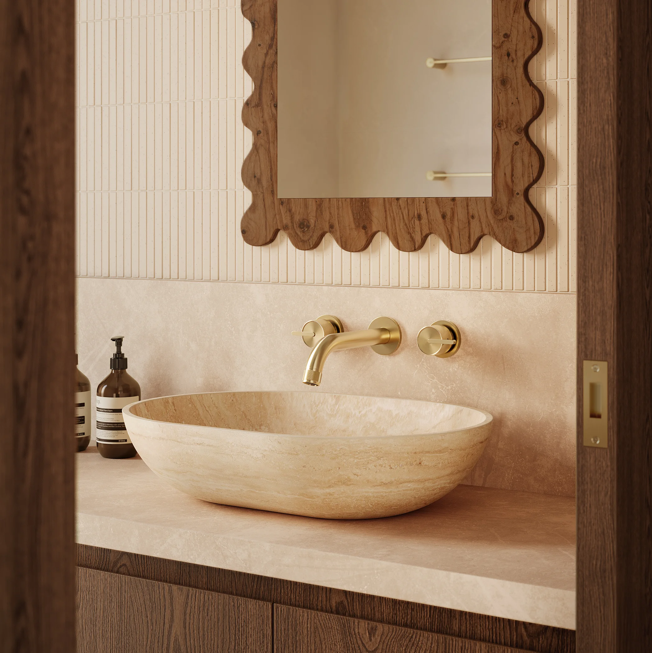 Pedra Oval Basin Beige Travertine V1