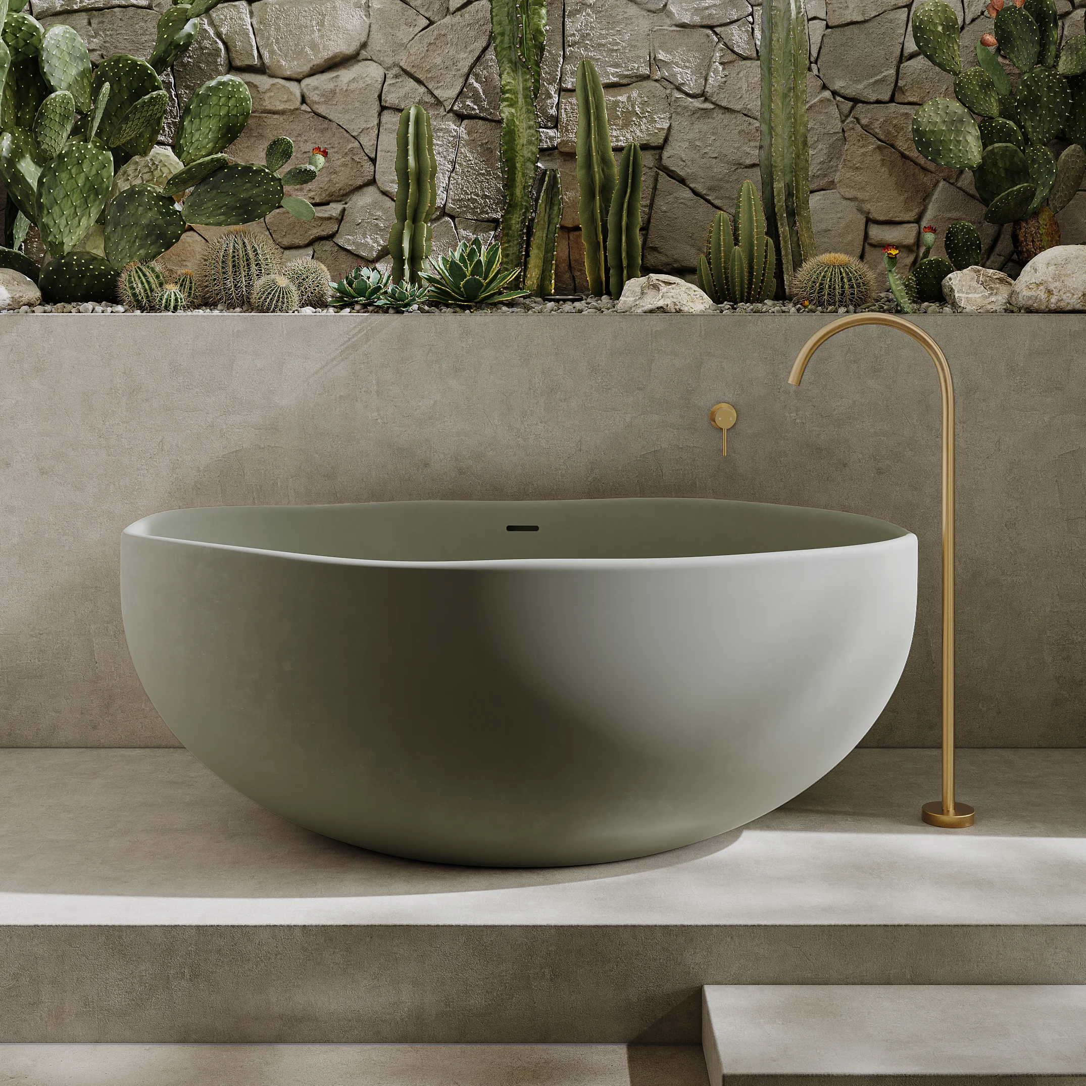 Melia Concrete Bath Sola Bath Filler Insetting FullShot Indoor SageGreenBath BB