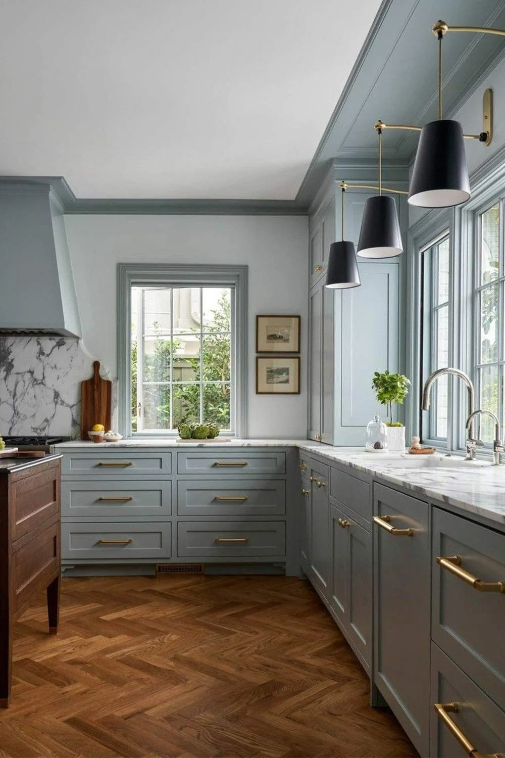 Shaker-Style-Kitchen-Duck-Egg-Blue-Cabinetry-Timber-Herringbone-Floorboards