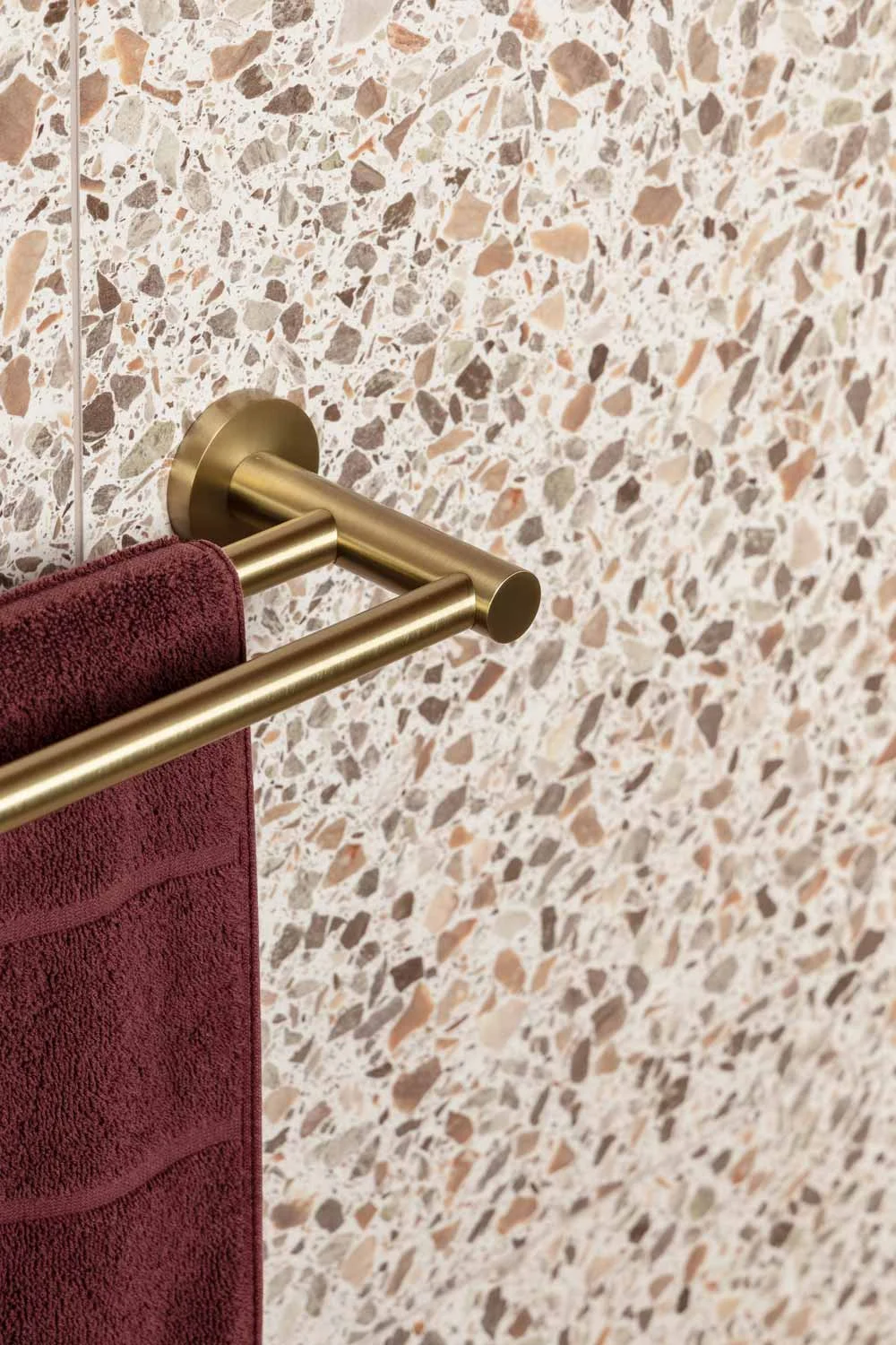 Tile-Trends-Sustainable-Materials-Terrazzo-Tiles-Beige-White-Neutral-Brushed-Brass-Towel-Rail-Holder