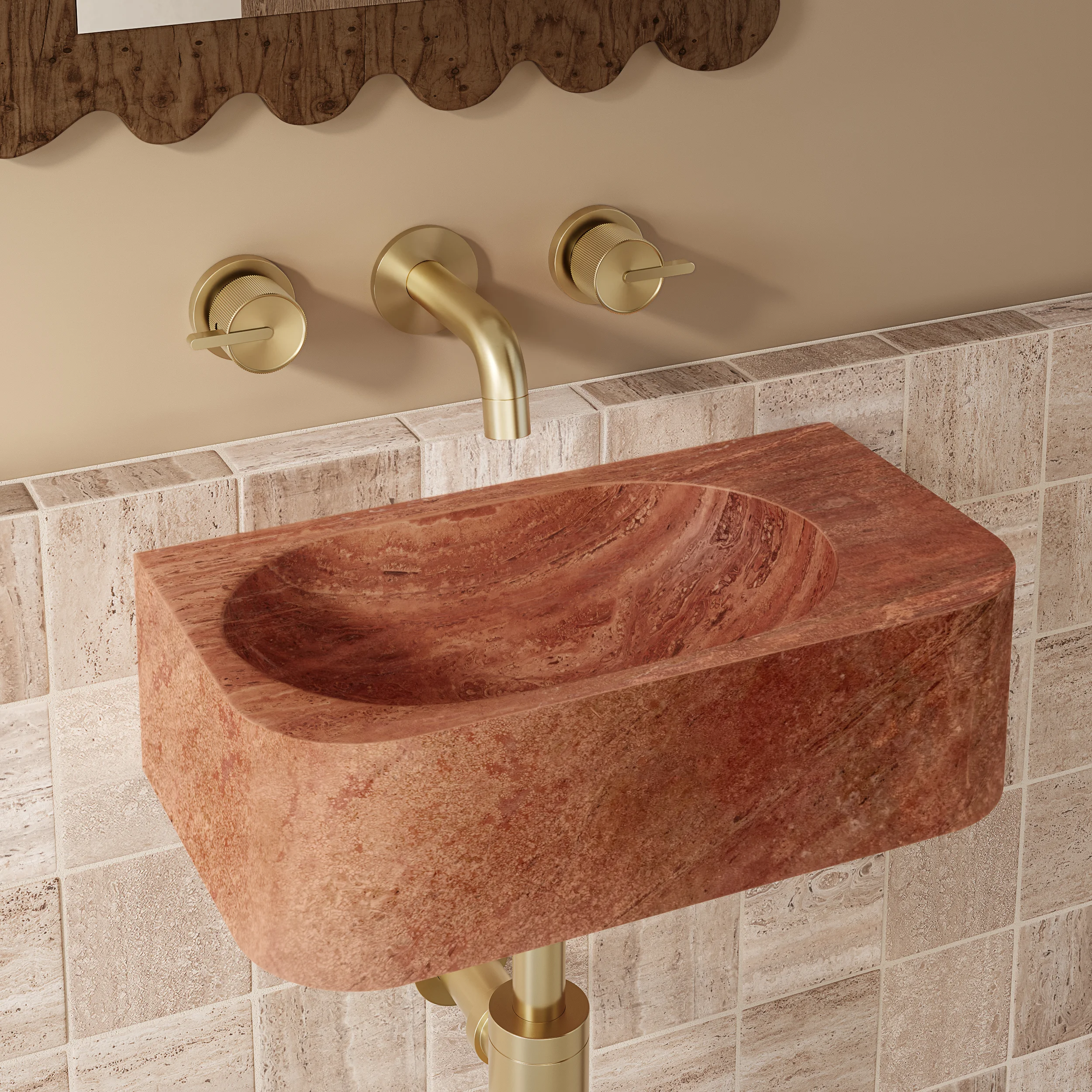 Pedra Wall Mounted Basin 400mm Red Travertine V2