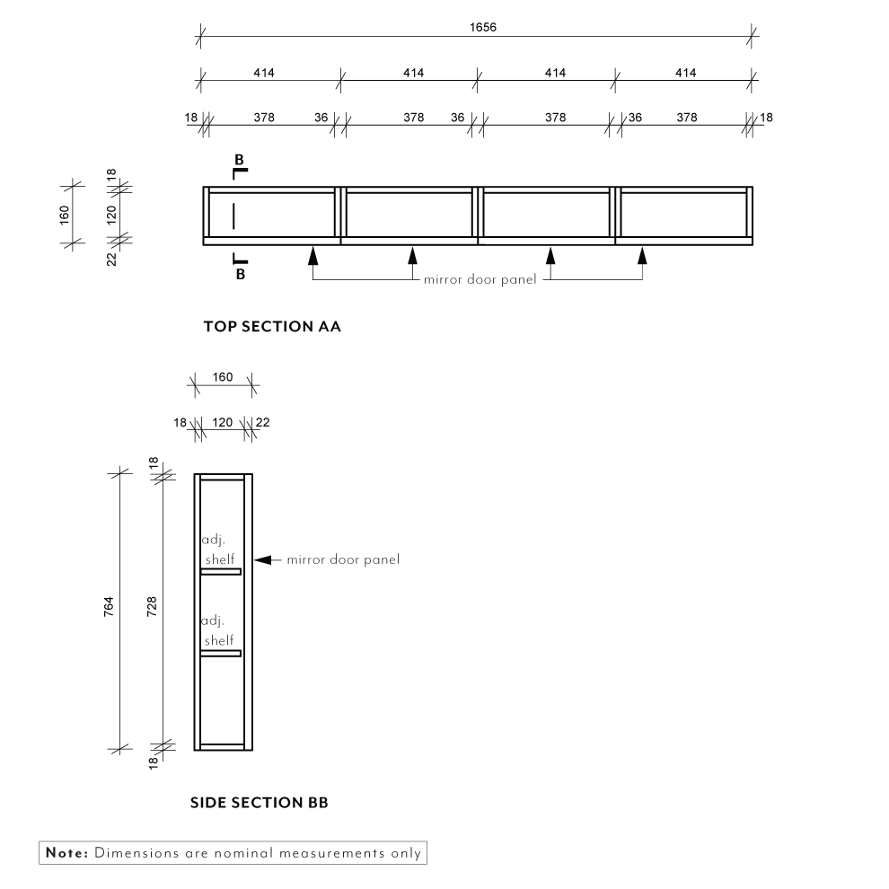 Myra 4-Door Mirror Cabinet Recessed - 1656mm - Specifications 1