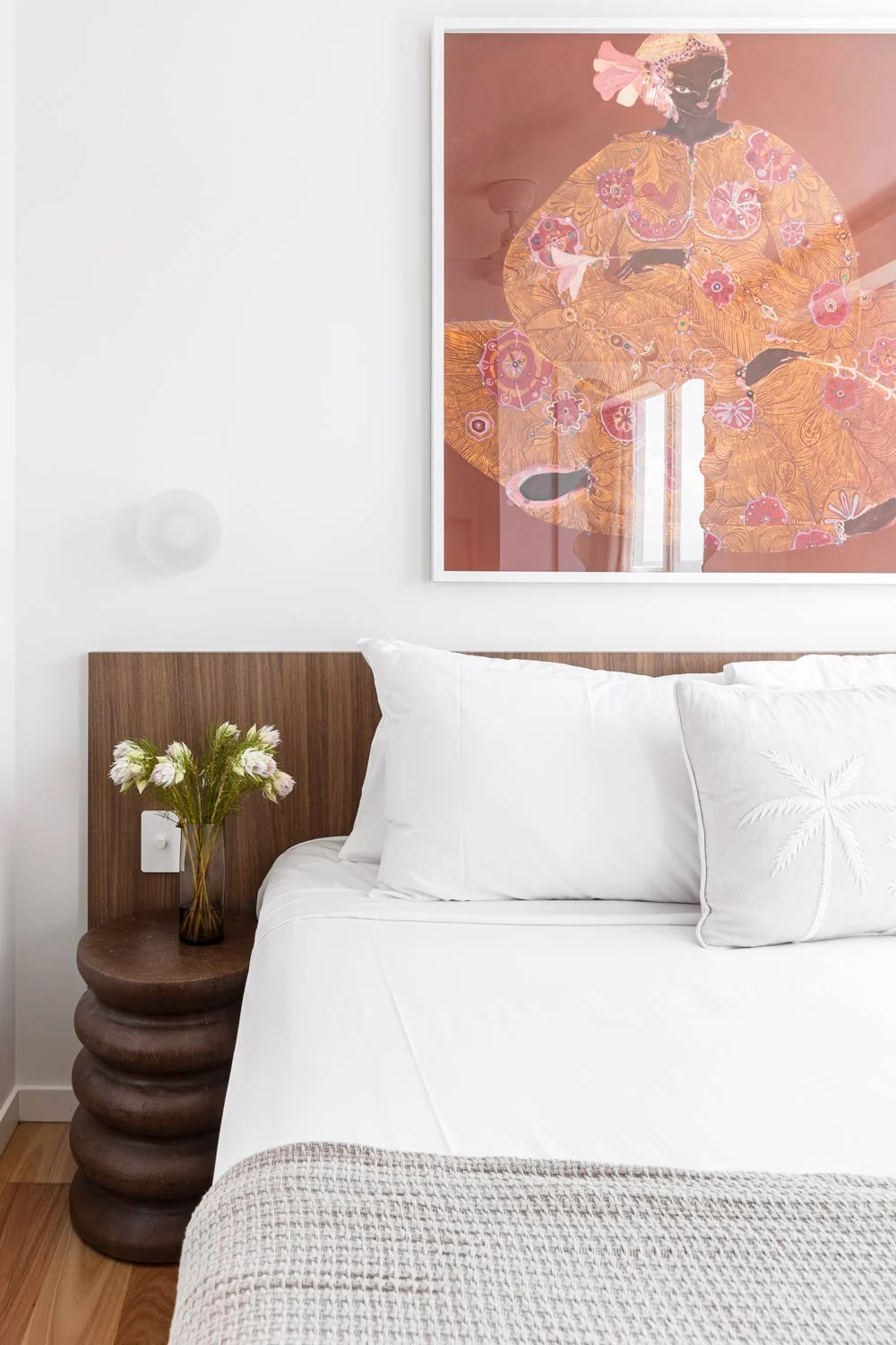 Master-Bedroom-Ideas-Clean-Neutral-Room-Wallnut-Timber-Bedhead-Side-Table-White-Bedding-Jai-Veserick-Artwork