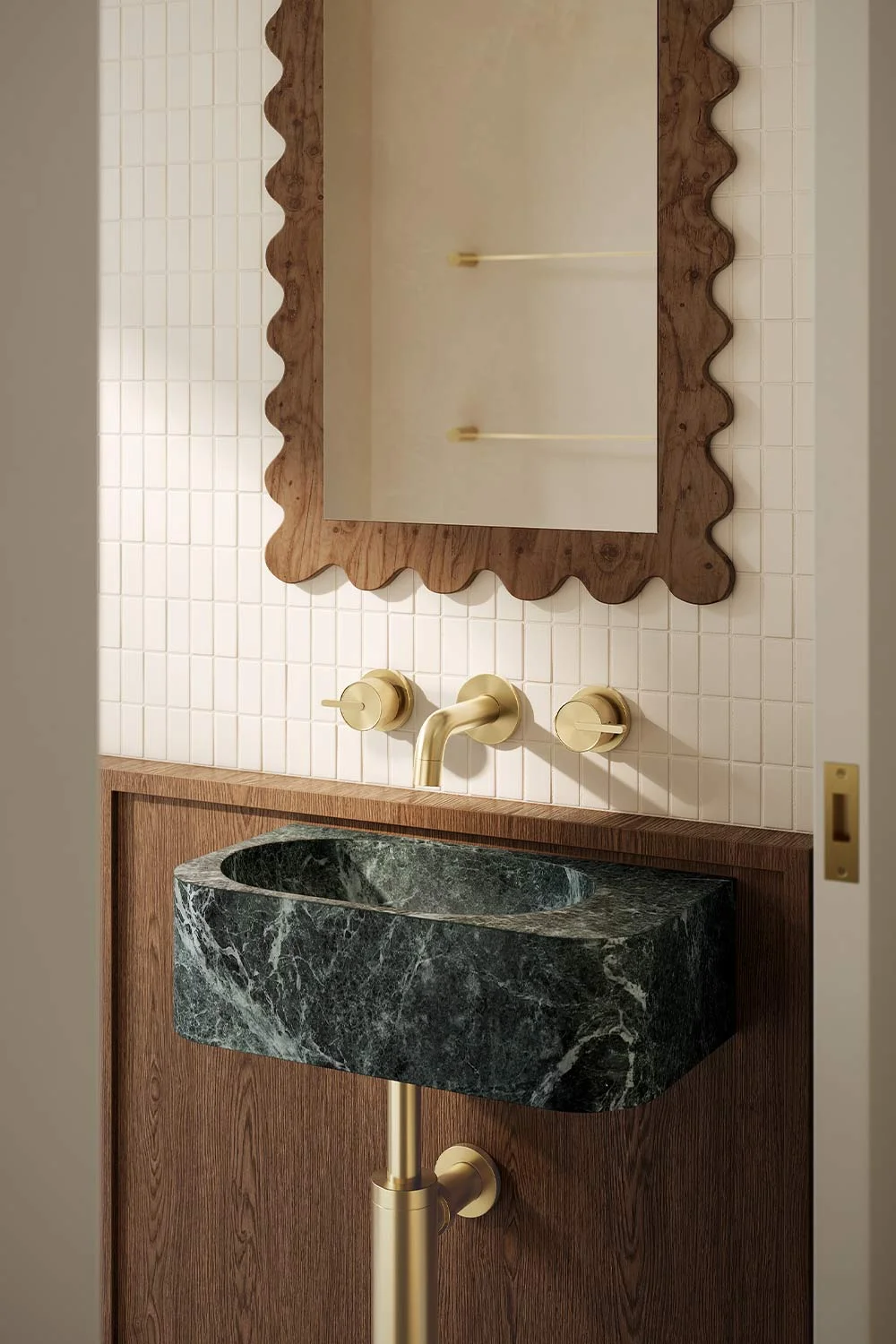 Organic-Modern-Interior-Design-Green-Alpi-Marble-Basin-Brushed-Brass-Tapware-Powder-Room