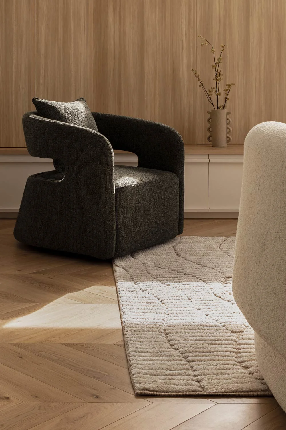 Happy-Haus-Modern-Interior-Design-Herringbone-Timber-Flooring-Olive-Green-Arm-Chair