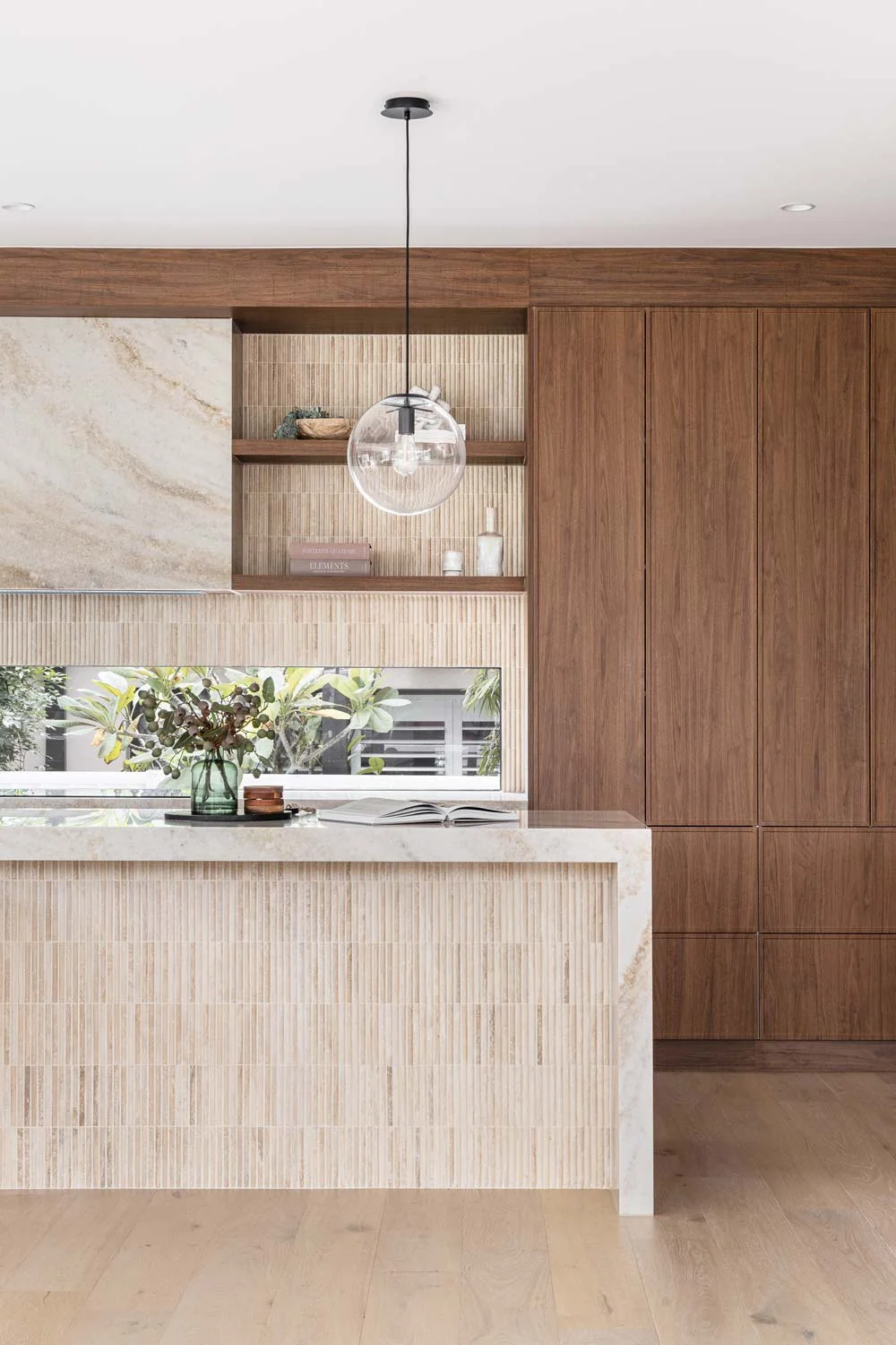 Best-Tile-Travetine-Fluted-Tile-Island-Bench-Walnut-Cabinetry-Kitchen