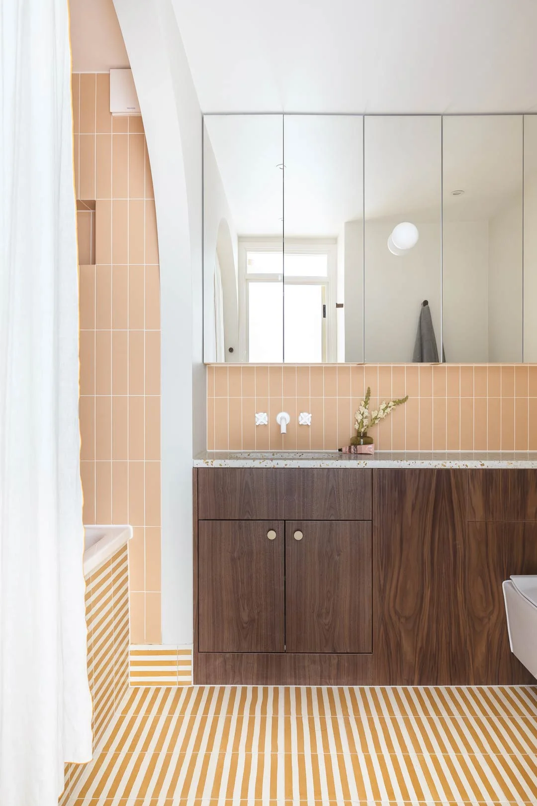 peach-tiles-and-mustard-floor-tiles-walnut-vanity-bathroom