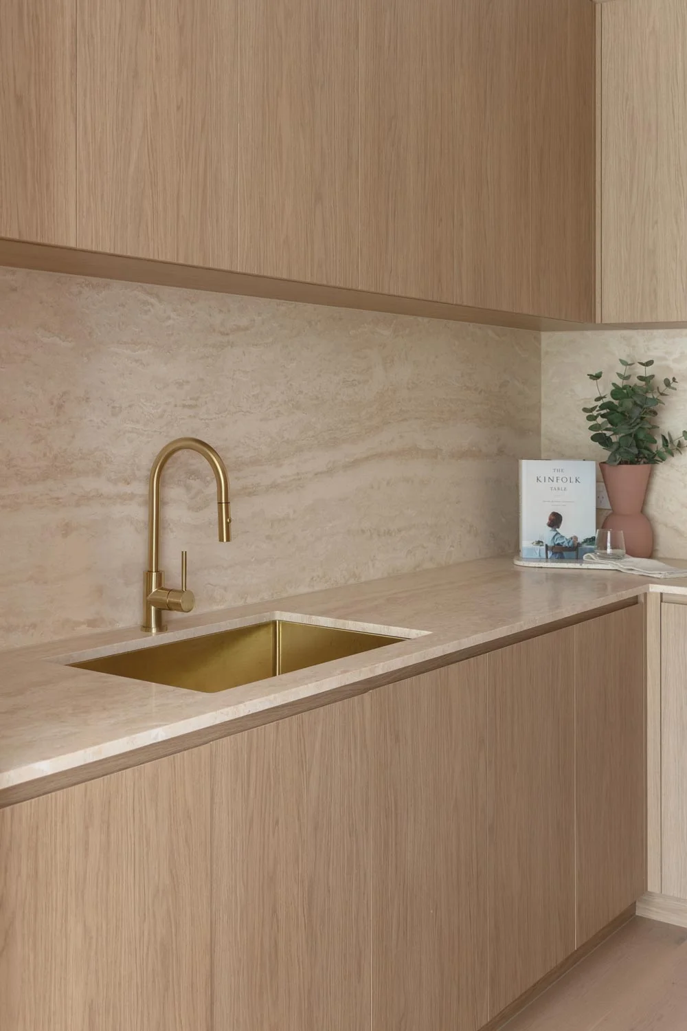 Luxury-Modern-Kitchen-Design-Custom-Cabinetry-Oak-Travertine-Splashback-Brushed-Brass-Sink-Kitchen-Mixer