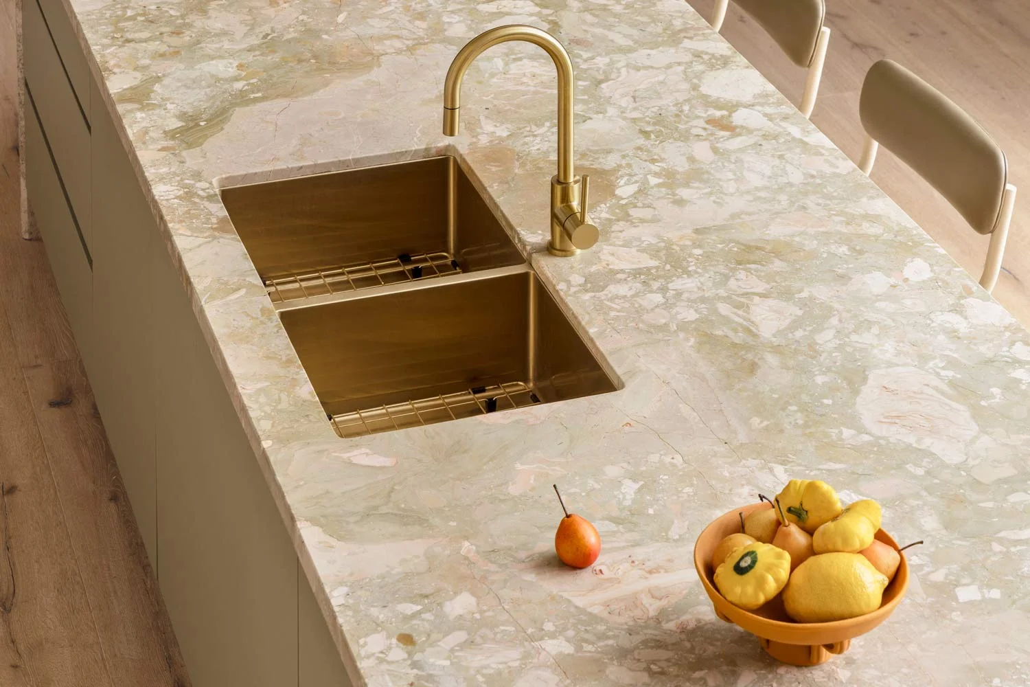 Luxury-Modern-Kitchen-Design-Multipurpose-Island-Brushed-Brass-Double-Kitchen-Sink-Kitchen-Mixer-Green-Cabinetry-Marble-Benchtop