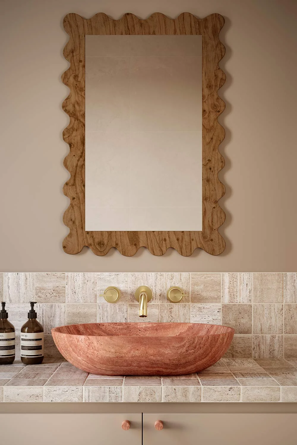 Organic-Modern-Interior-Design-Powder-Room-Red-Travertine-Oval-Basin-Pedra-Brushed-Brass-Namika-Tapware