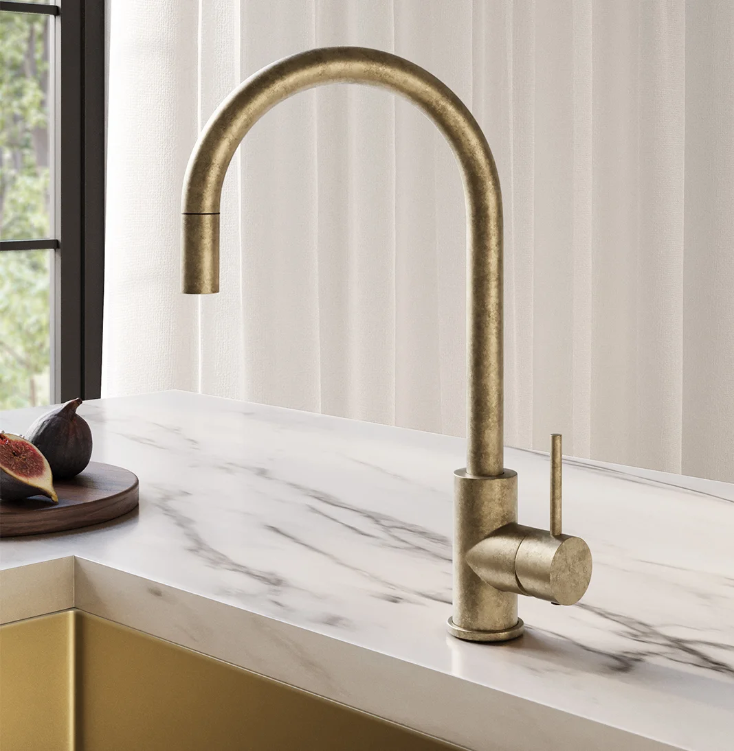 Tumbled%20Aged%20Brass Kitchen%20Scene Kitchen%20Mixer Elysian%20Commercial%20Pull%20Out%20