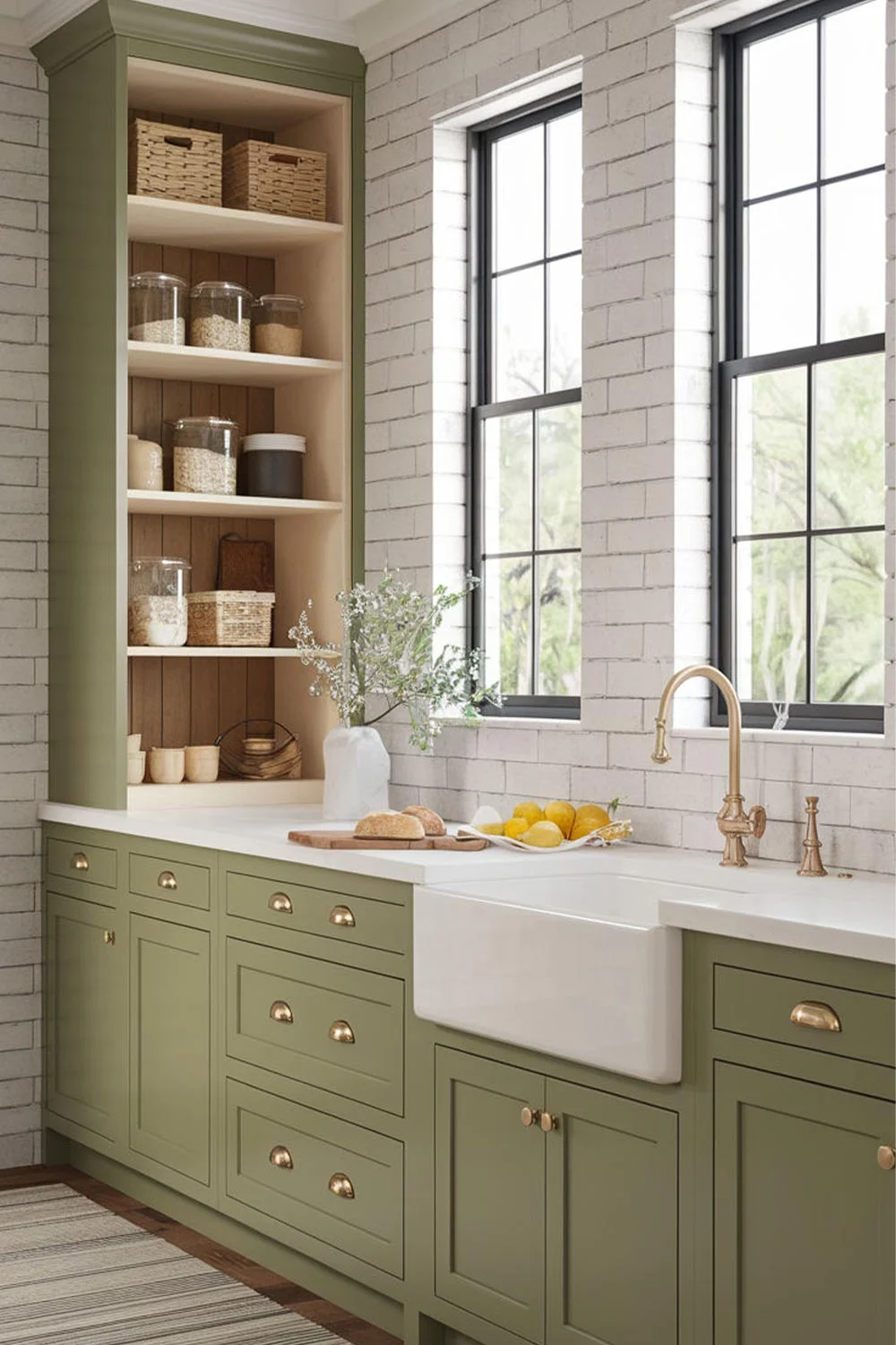 Shaker-Style-Kitchen-Sage-Green-Cabinetry-Farmhouse-Sink-French-Windows-Brushed-Brass-Kitchen-Tap