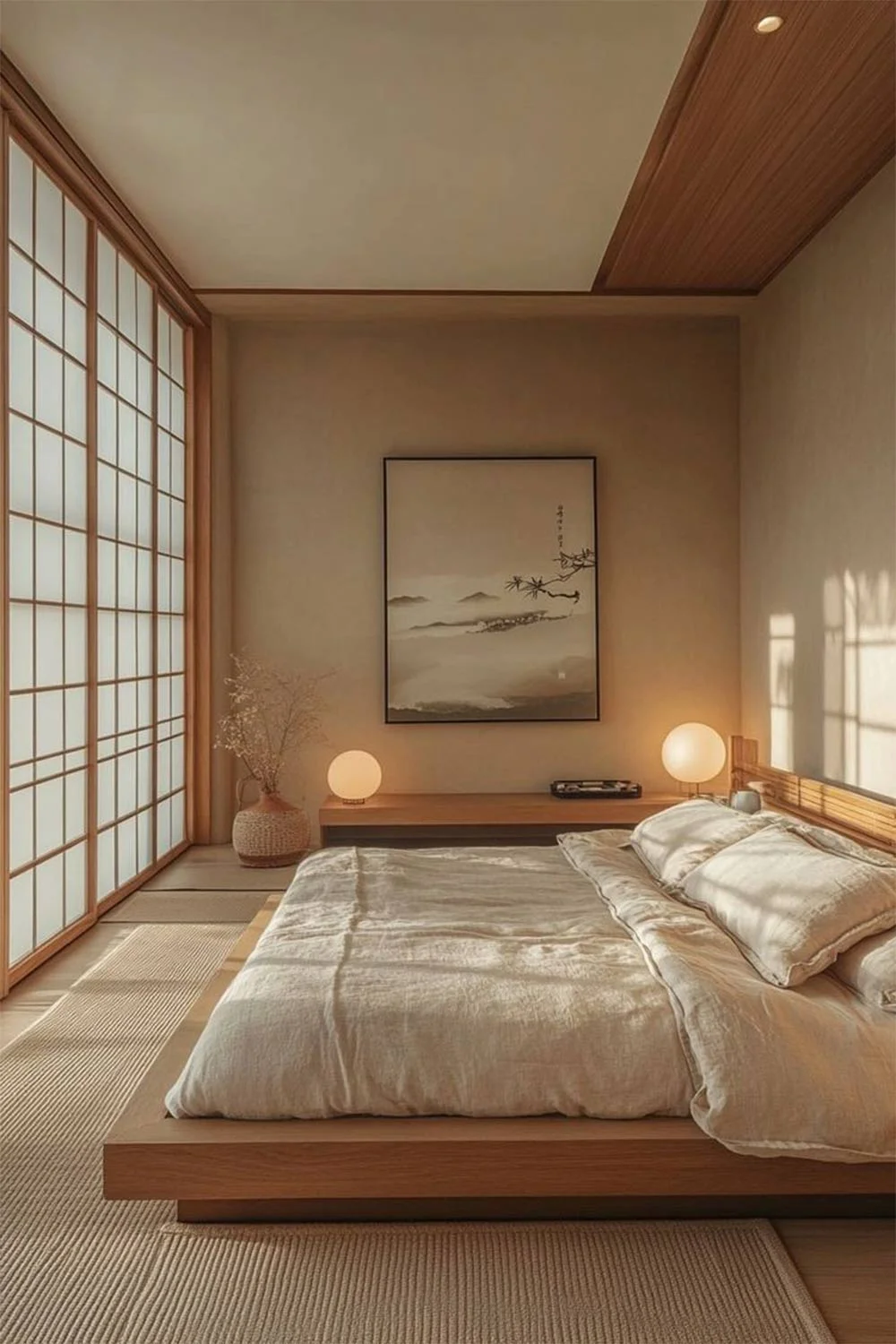 Japandi-Style-Bedroom-Grid-Sliding-Doors-Jute-Rug-Floating-Timber-Bed