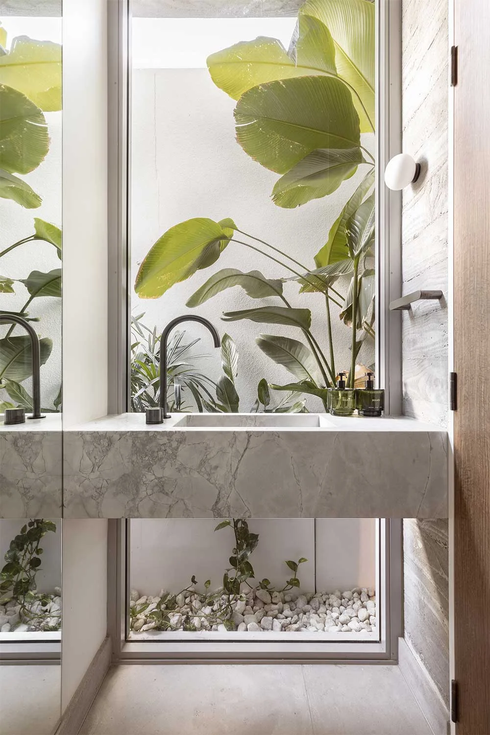 Japandi-Style-Powder-Room-Nature-Marble-Benchtop-Sink-Brushed-Gunmetal-Tapware