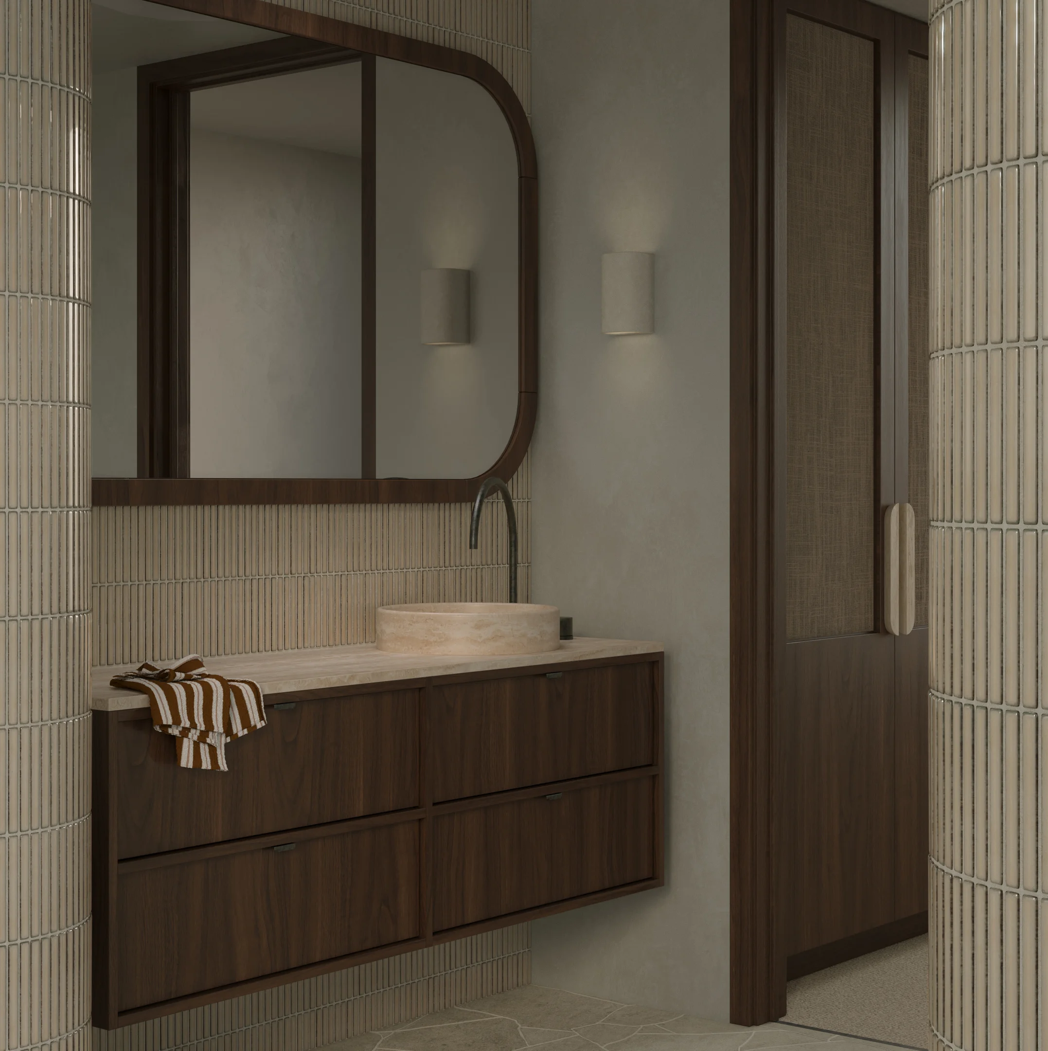 Kasumi Vanity 1500mm-Dark Oak Yama Tile-Latte Slate Single