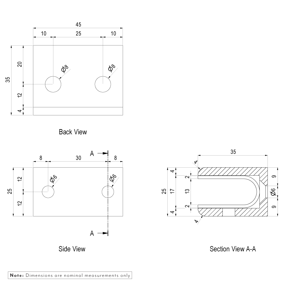 D Pius Glass Panel Clip - Brushed Brass - Specifications 1