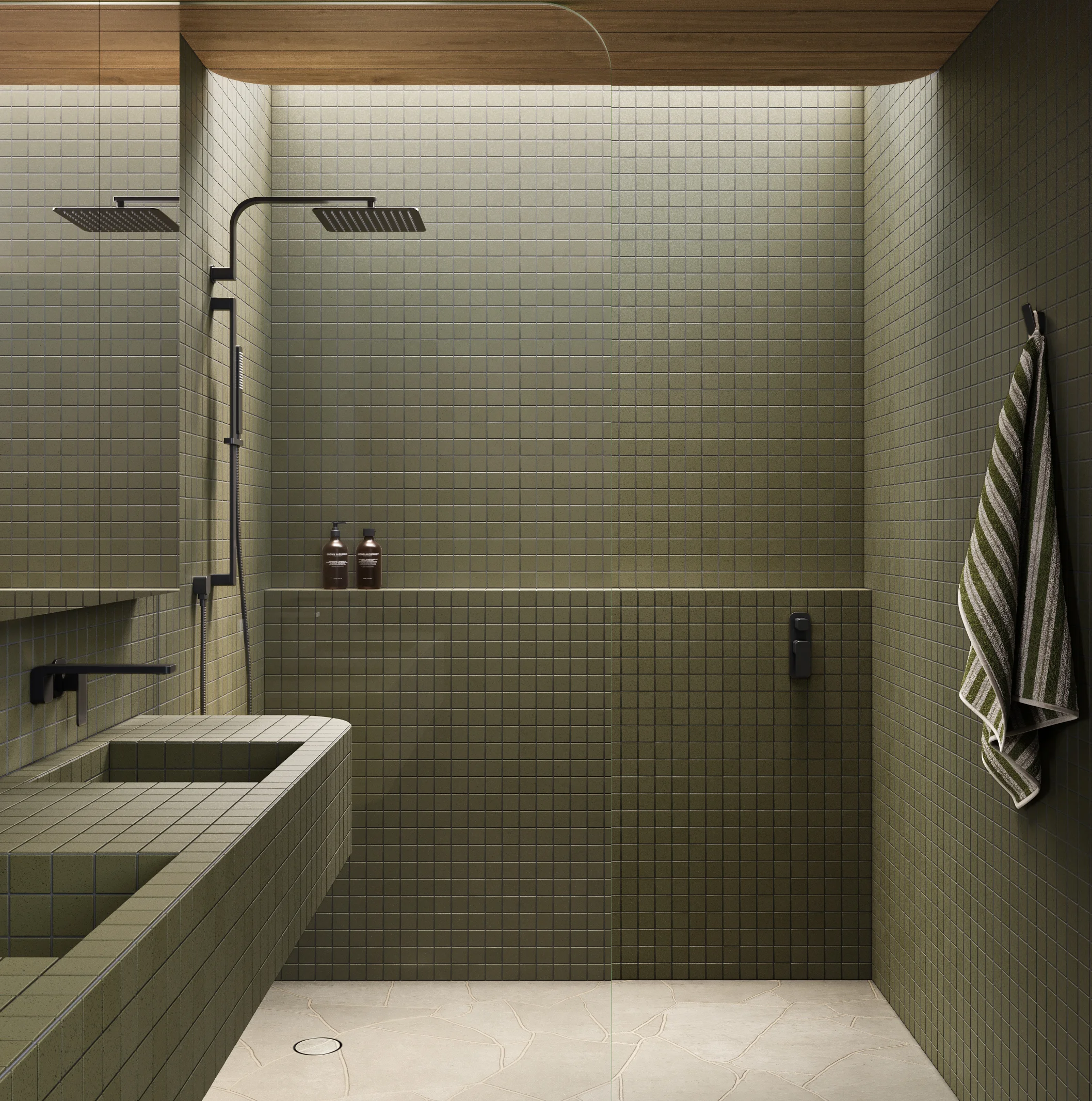 Shower Full%20Shot NESSO Shower%20Arm-Robe%20Hook MB with%20towel