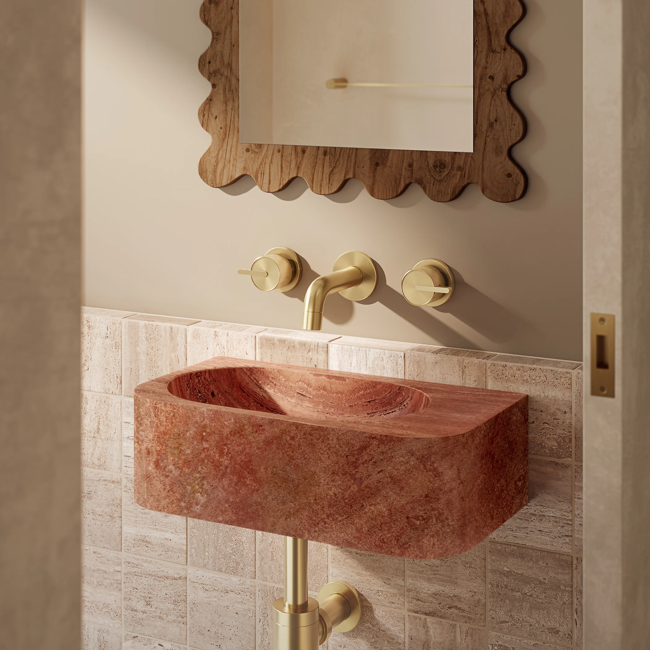 Pedra Wall Mounted Basin 400mm Red Travertine V1
