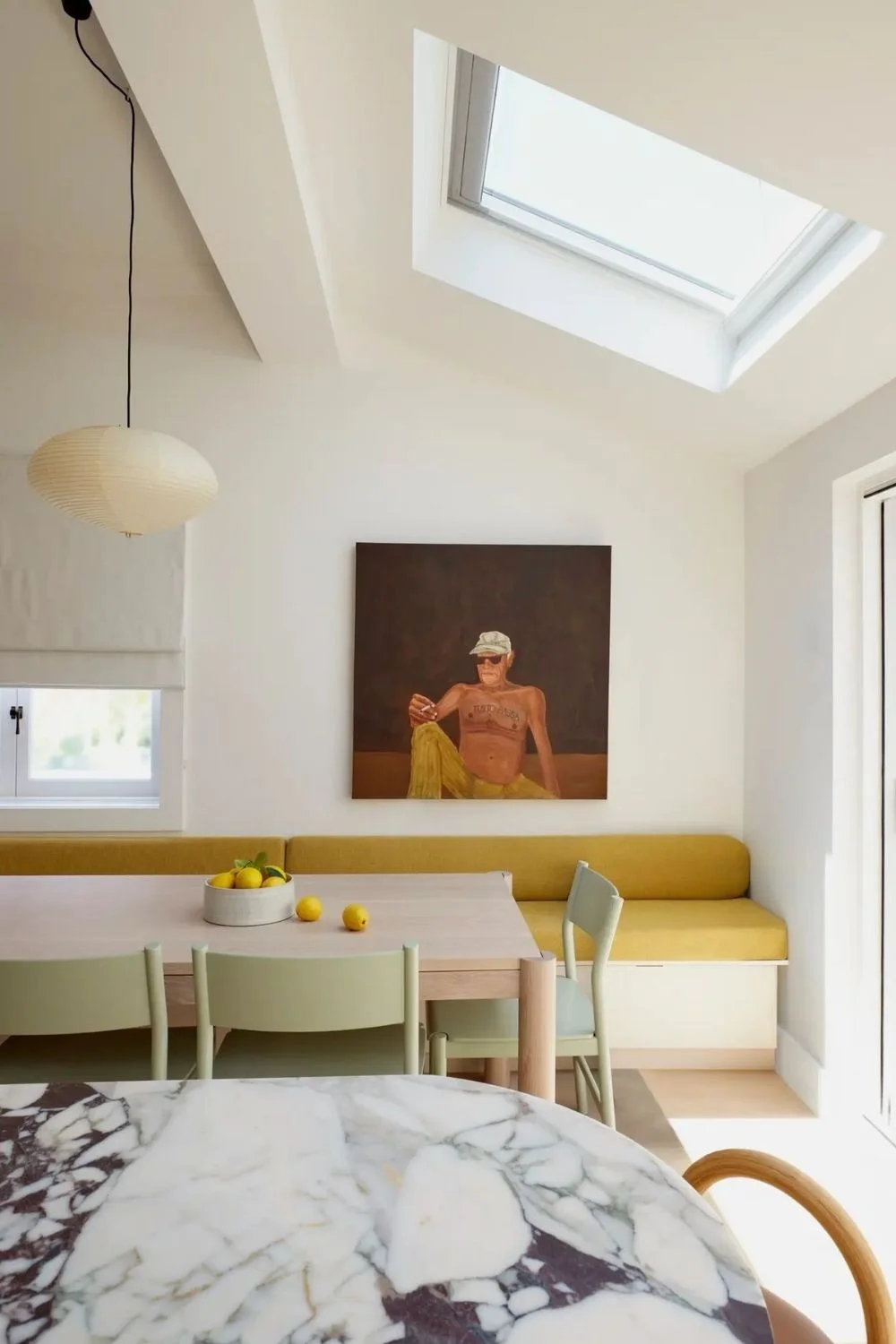 Banquette Seating Yellow Blue Cream Minimal Bold Splash Colour