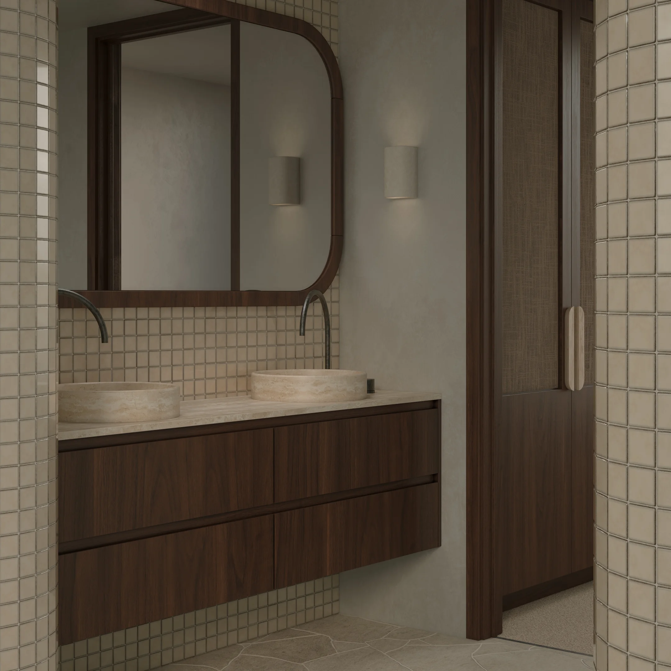 Addison Vanity 1700mm-Dark Oak Yama Square Tile-Latte Slate