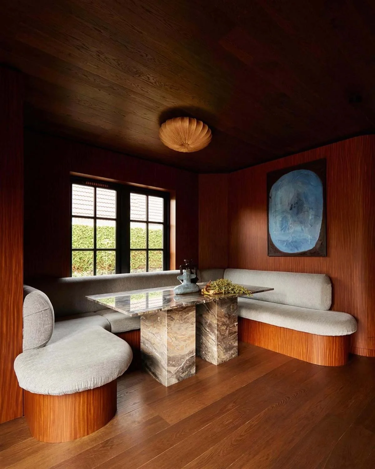 Wood-Interiors-Wood-Inteiror-Walls-Floor-Windows-Fluted-Timber-Booth-Seating-Marble-Dining-Table