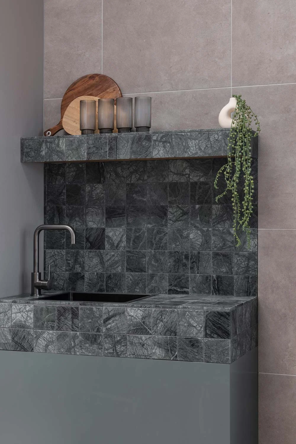 Tile-Trends-Saroma-Natural-Stone-Mosaic-Square-Tile-Marble-Green-Brushed-Gunmetal-Kitchen-Mixer-Laundry-Sink