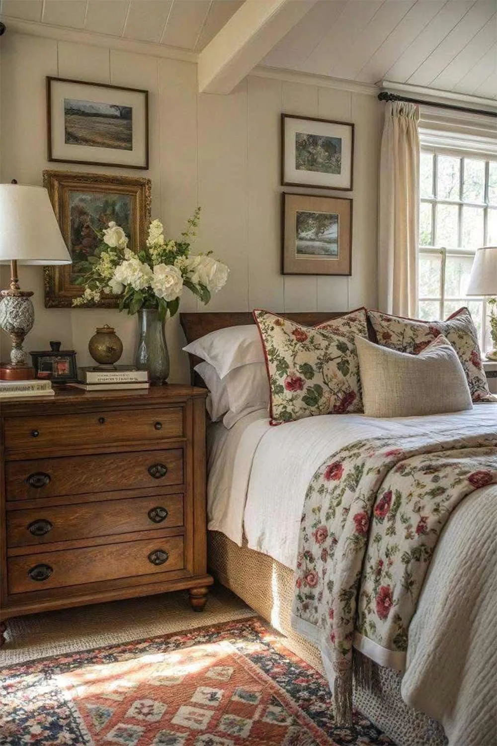 Cottagecore-Bedroom-Vj-Panneling-Walls-Timber-Drawers-Floral-Bedding-Vintage-Curtains